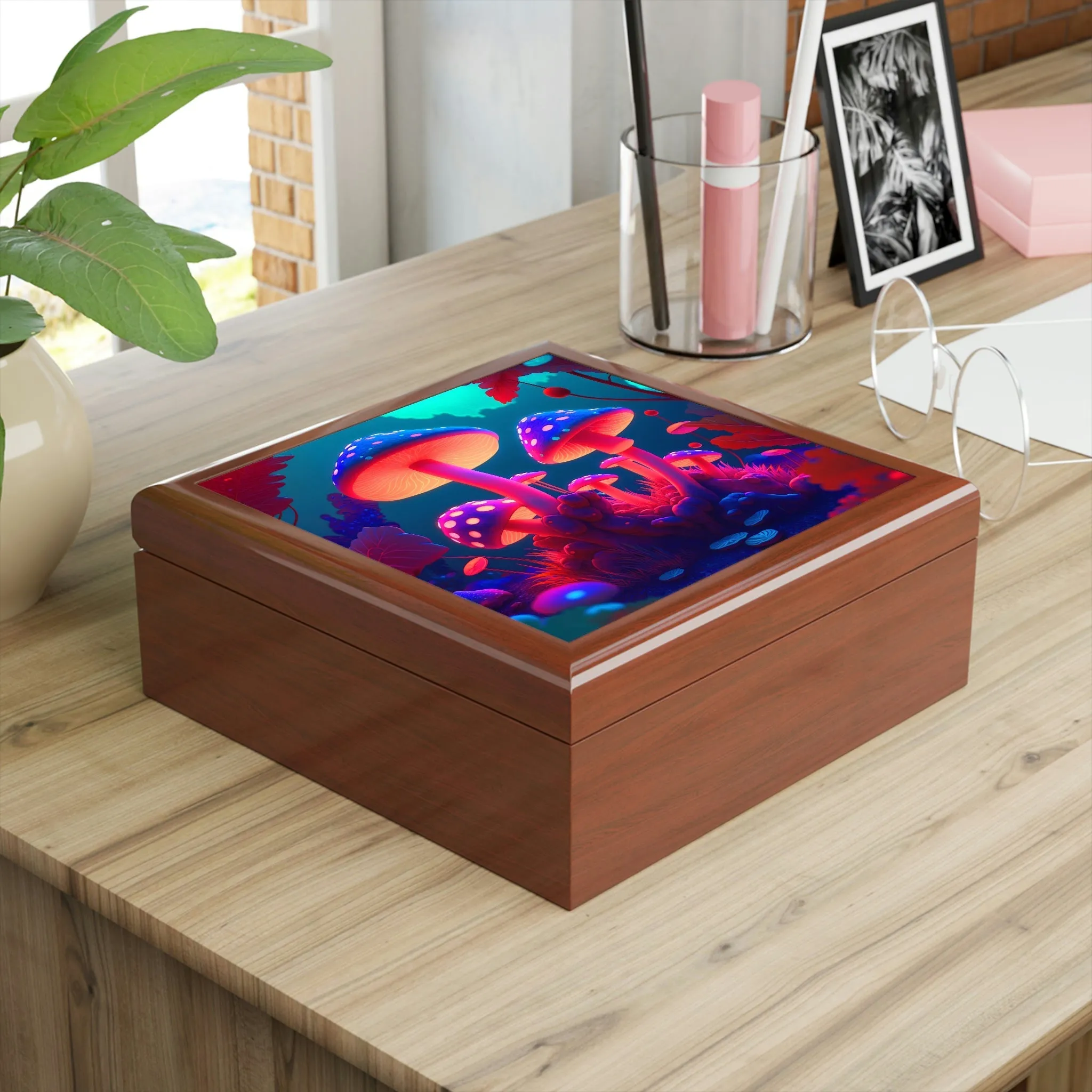 Psychedelic Mushroom Forest Wood Keepsake Jewelry Box with Ceramic Tile Cover