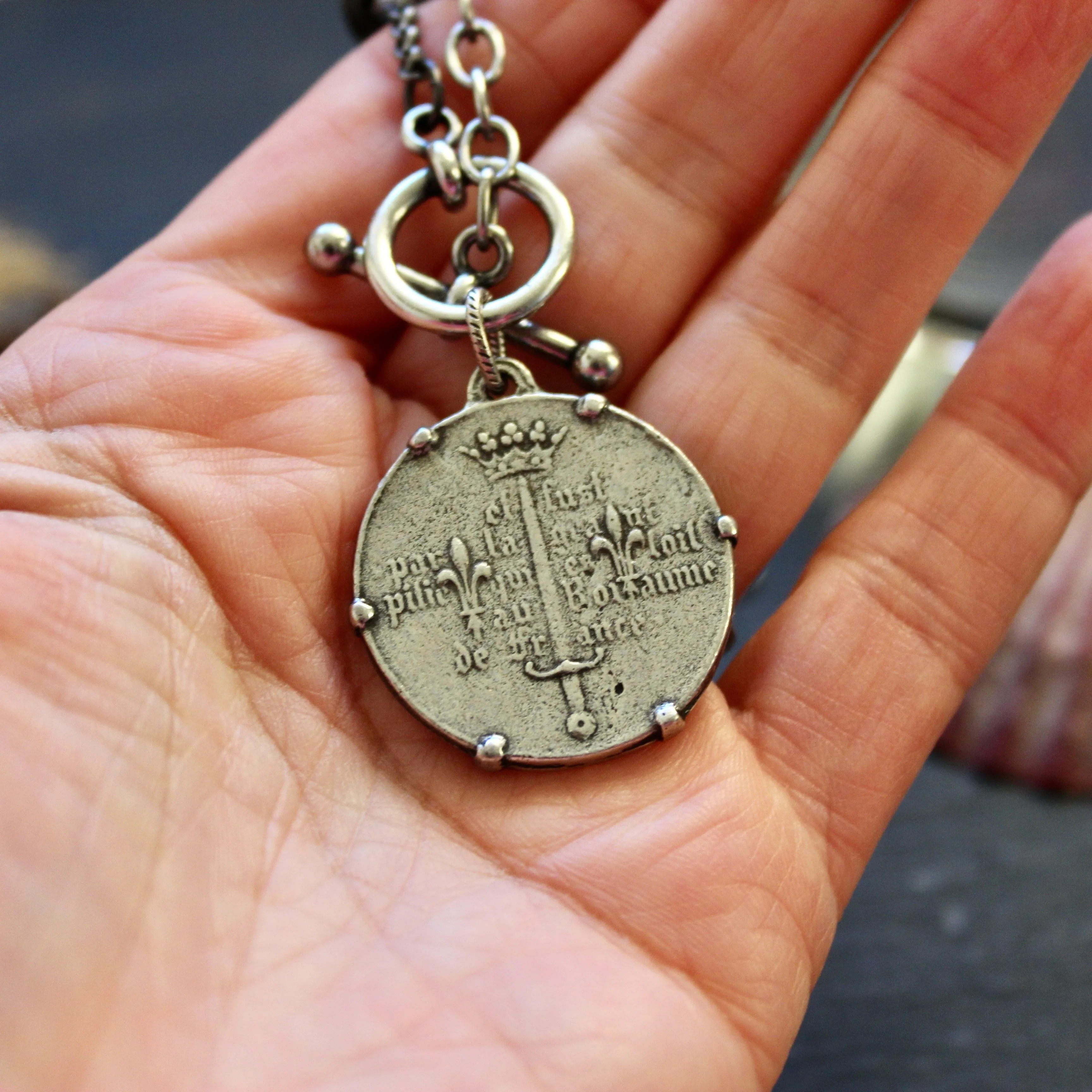 Rustic Joan of Arc Medal Necklace in Silver Plate