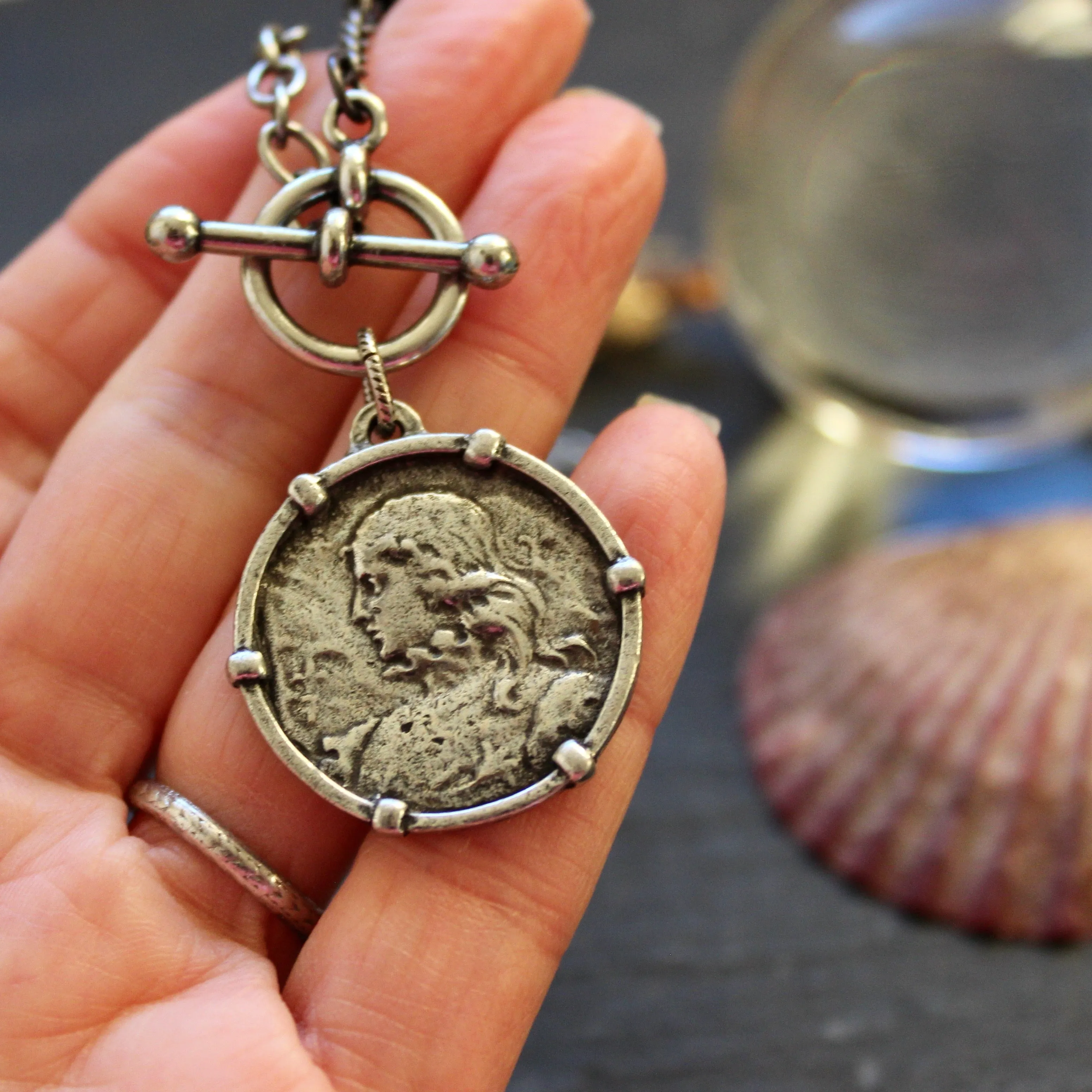 Rustic Joan of Arc Medal Necklace in Silver Plate
