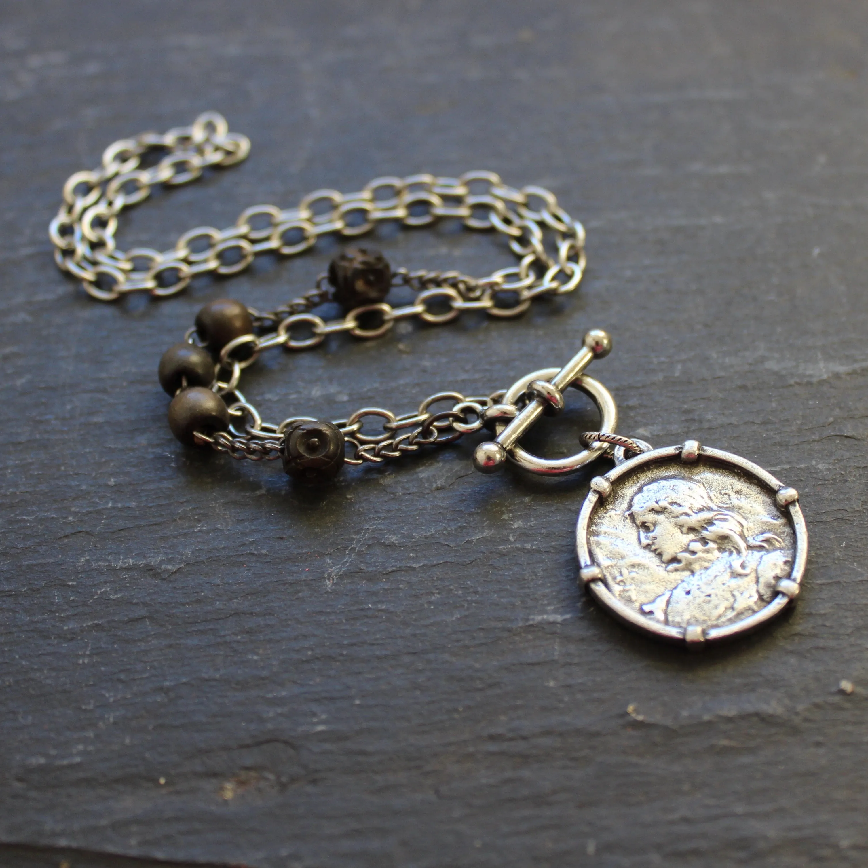 Rustic Joan of Arc Medal Necklace in Silver Plate