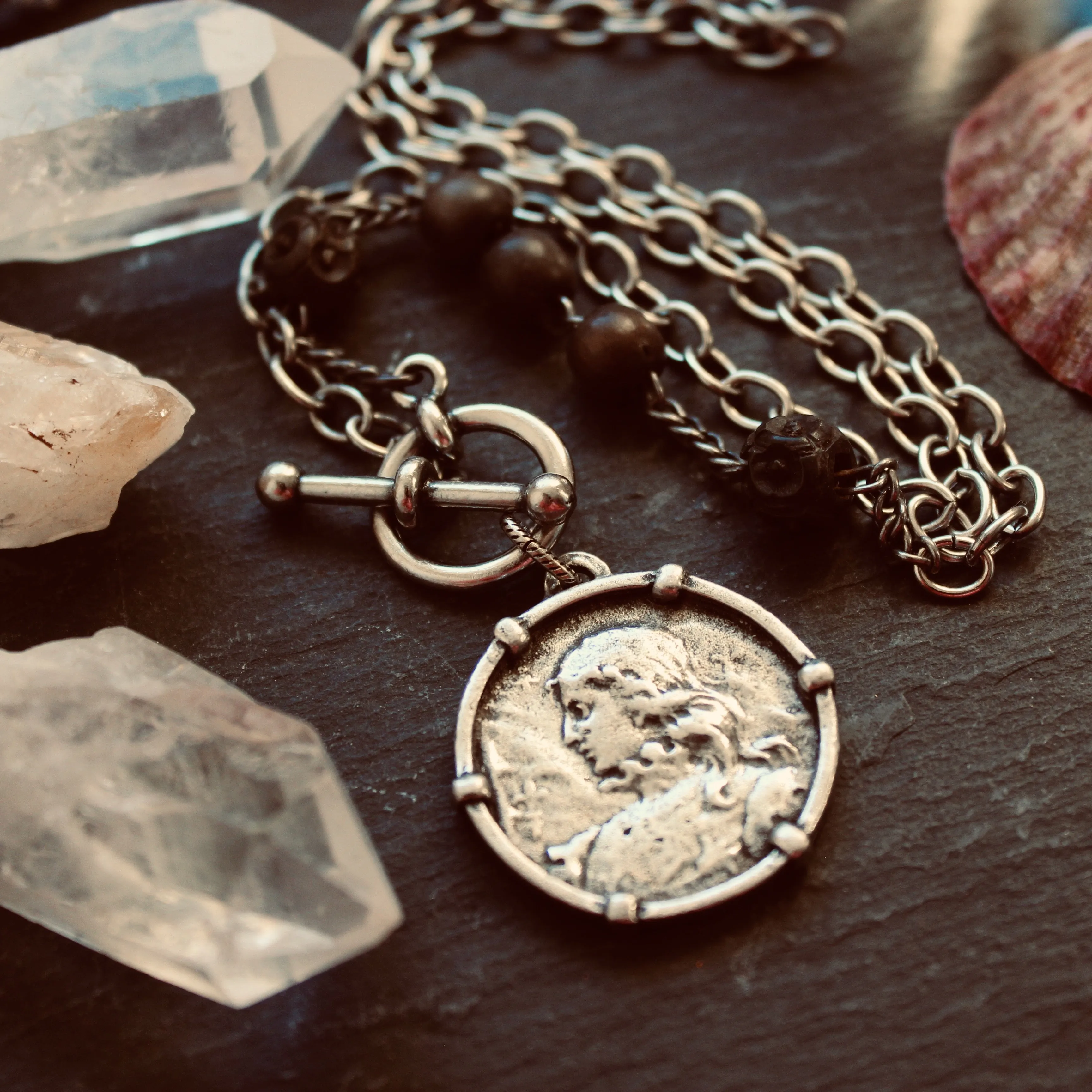 Rustic Joan of Arc Medal Necklace in Silver Plate