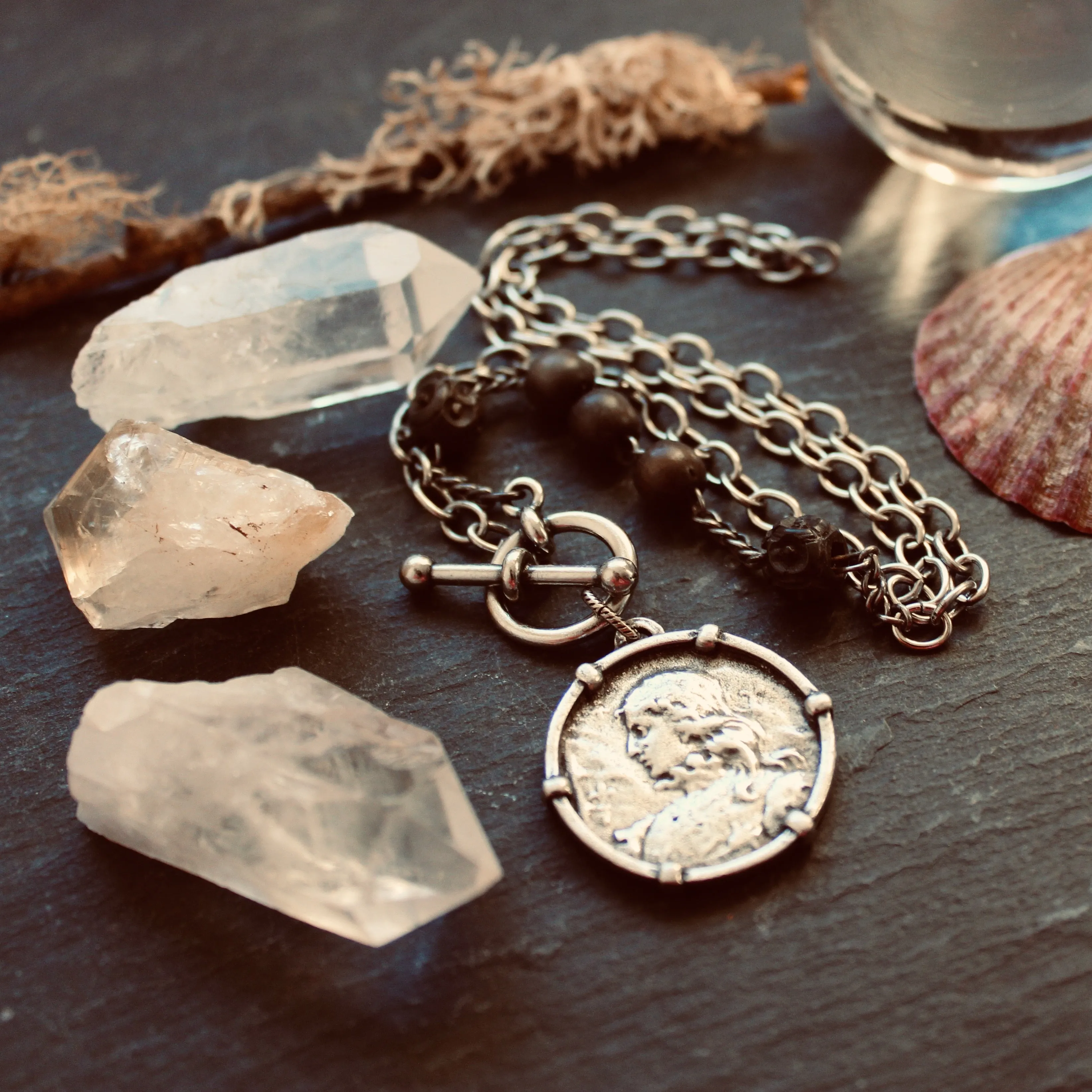 Rustic Joan of Arc Medal Necklace in Silver Plate