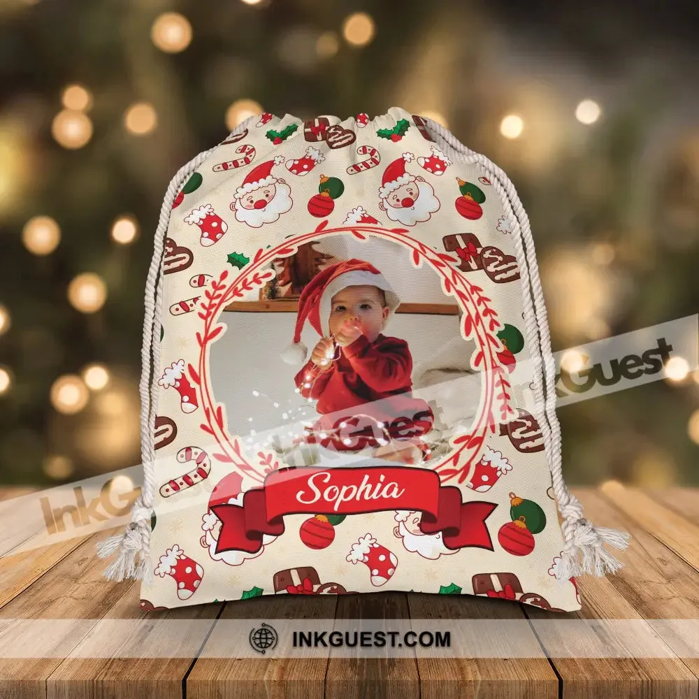 Santa Claus - Custom Photo And Name, Personalized String Bag, Christmas Gift, Gift For Family