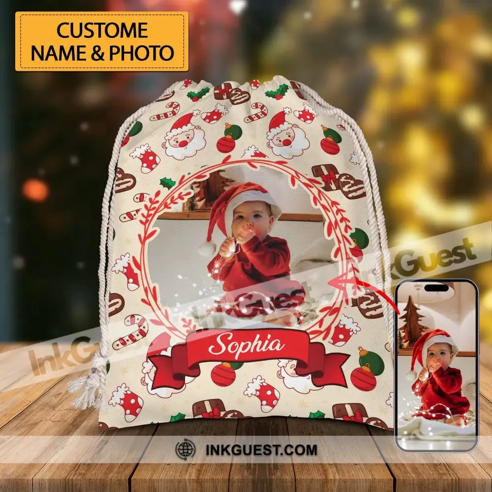 Santa Claus - Custom Photo And Name, Personalized String Bag, Christmas Gift, Gift For Family