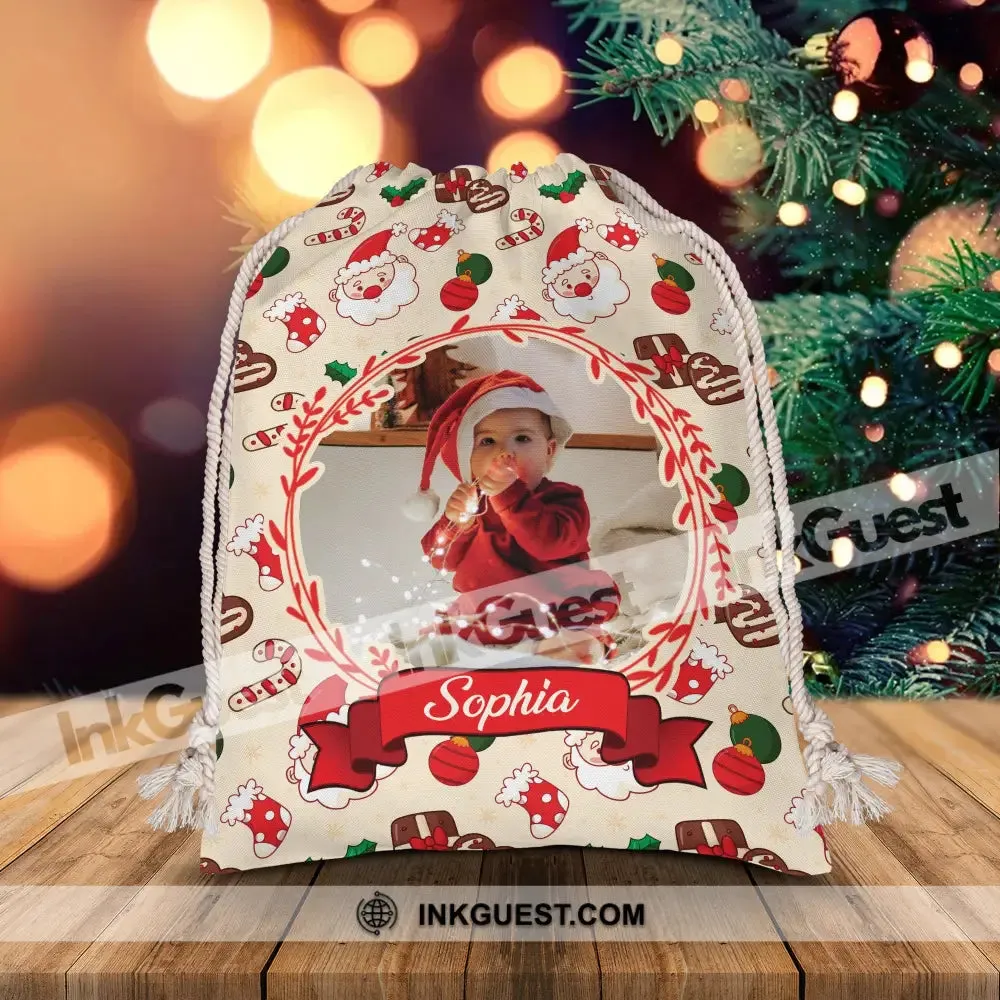Santa Claus - Custom Photo And Name, Personalized String Bag, Christmas Gift, Gift For Family