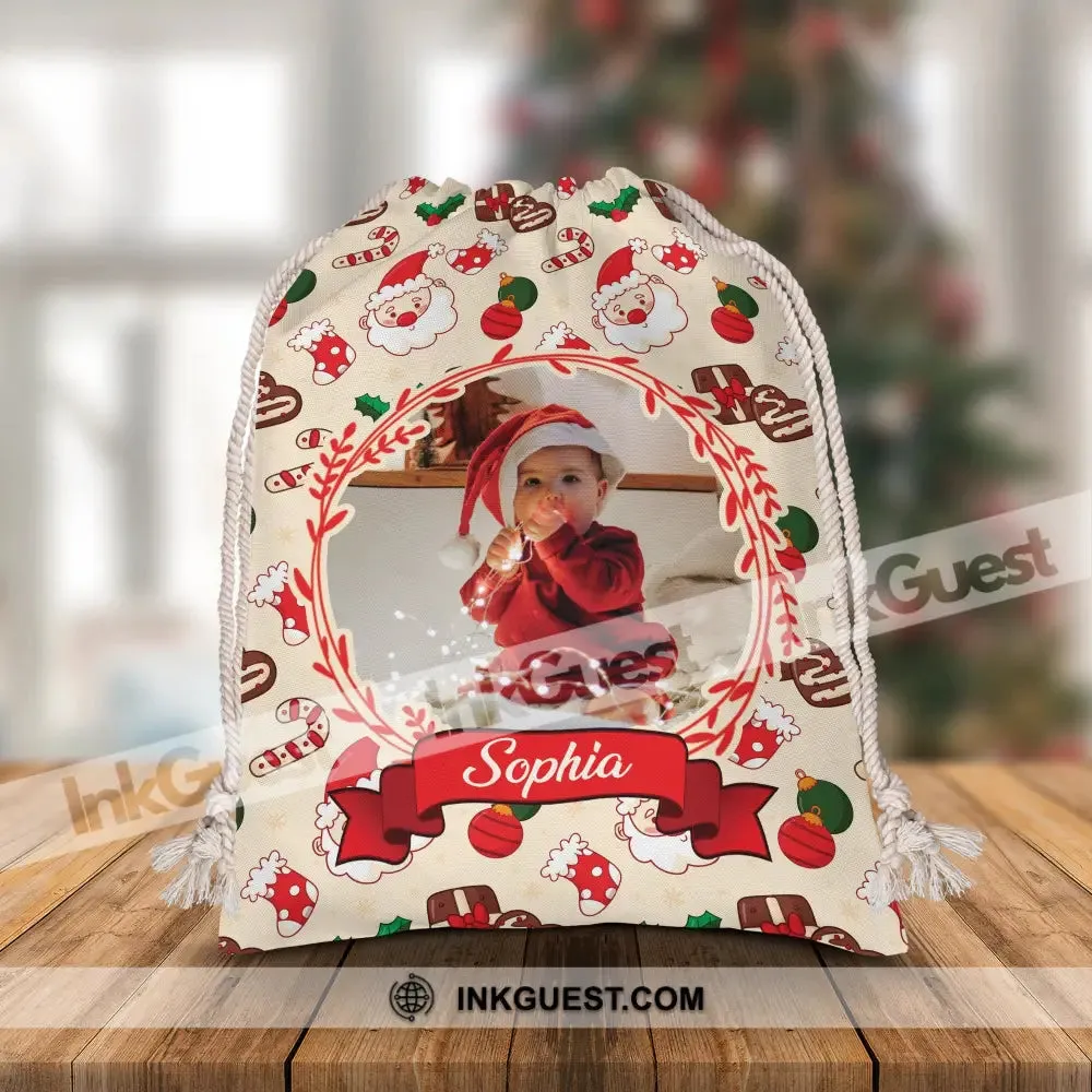 Santa Claus - Custom Photo And Name, Personalized String Bag, Christmas Gift, Gift For Family