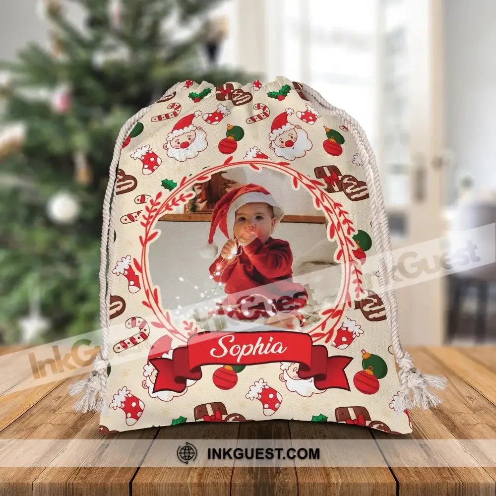Santa Claus - Custom Photo And Name, Personalized String Bag, Christmas Gift, Gift For Family