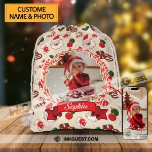 Santa Claus - Custom Photo And Name, Personalized String Bag, Christmas Gift, Gift For Family