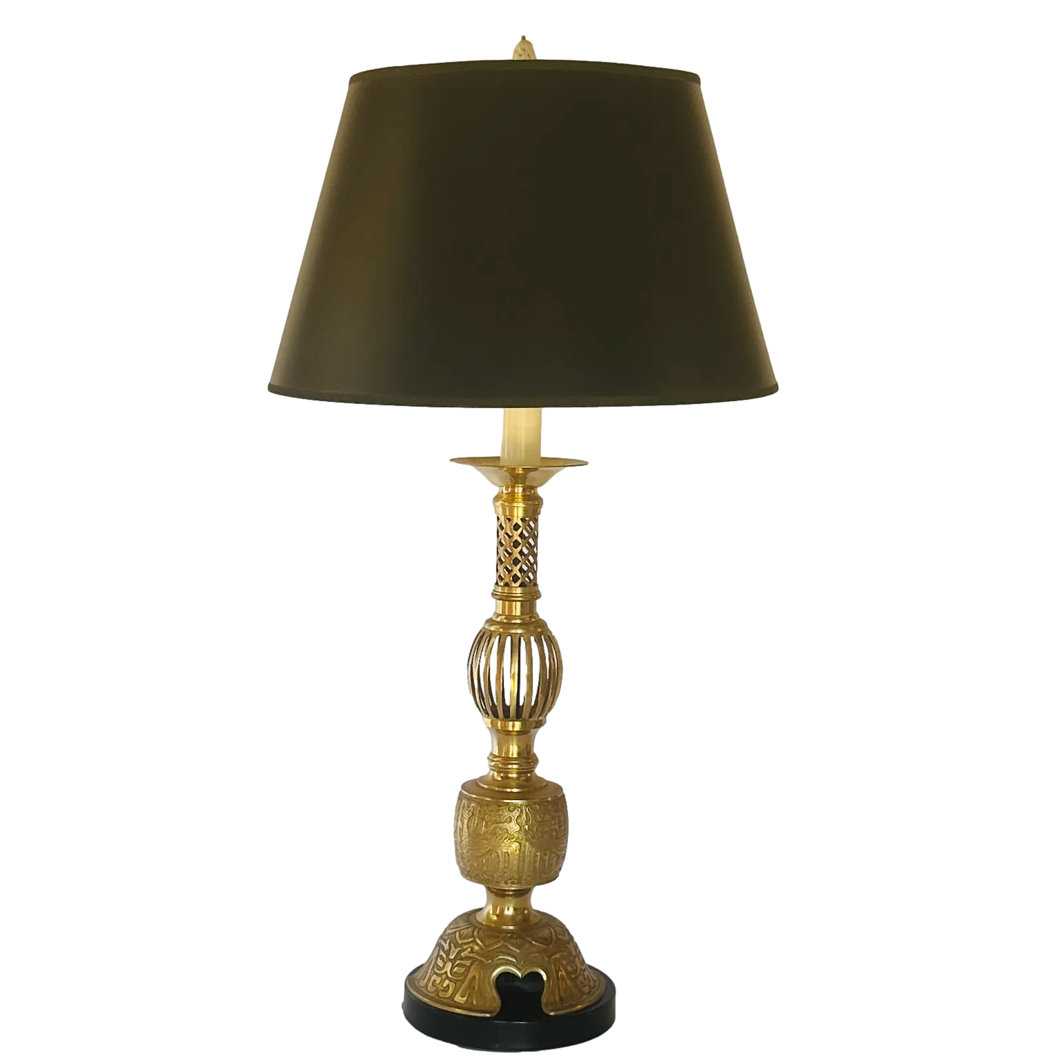 Tall Brass Asian Table Lamp with Lattice and Cut-Out Detailing