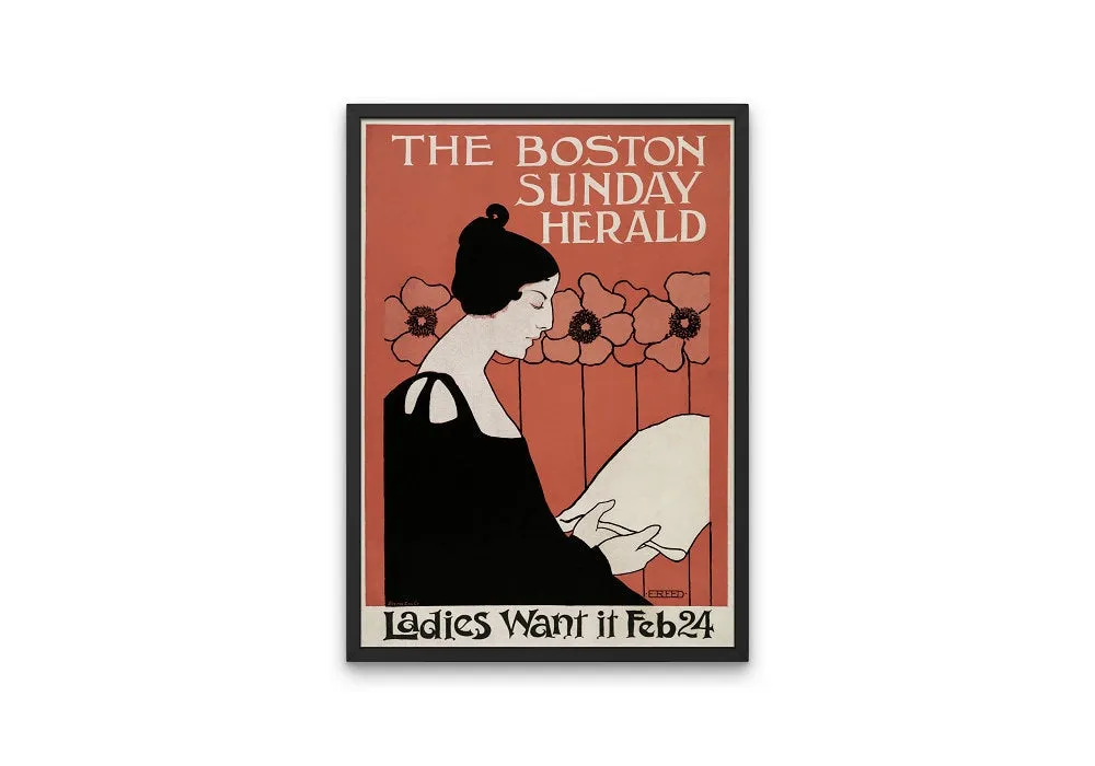 The Boston Sunday Herald Vintage Wall Art INSTANT DOWNLOAD Art Print, Woman Reading A Newspaper In Art Nouveau Style