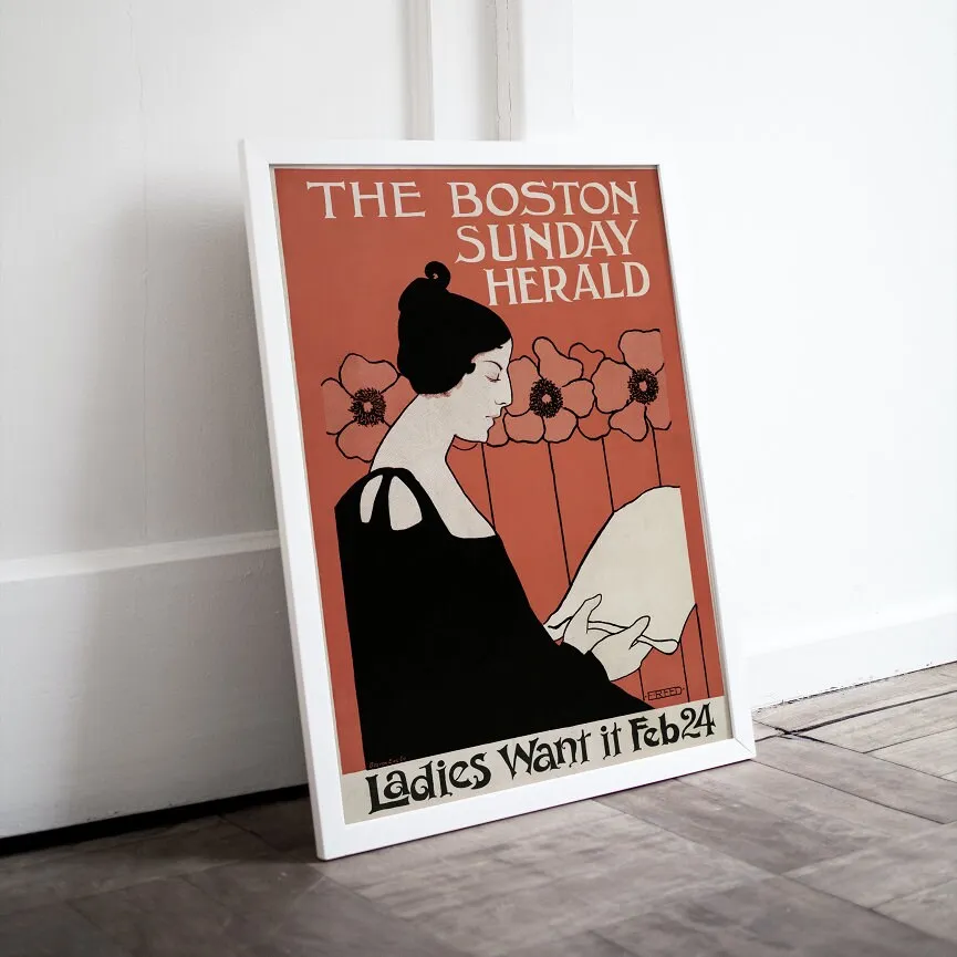 The Boston Sunday Herald Vintage Wall Art INSTANT DOWNLOAD Art Print, Woman Reading A Newspaper In Art Nouveau Style
