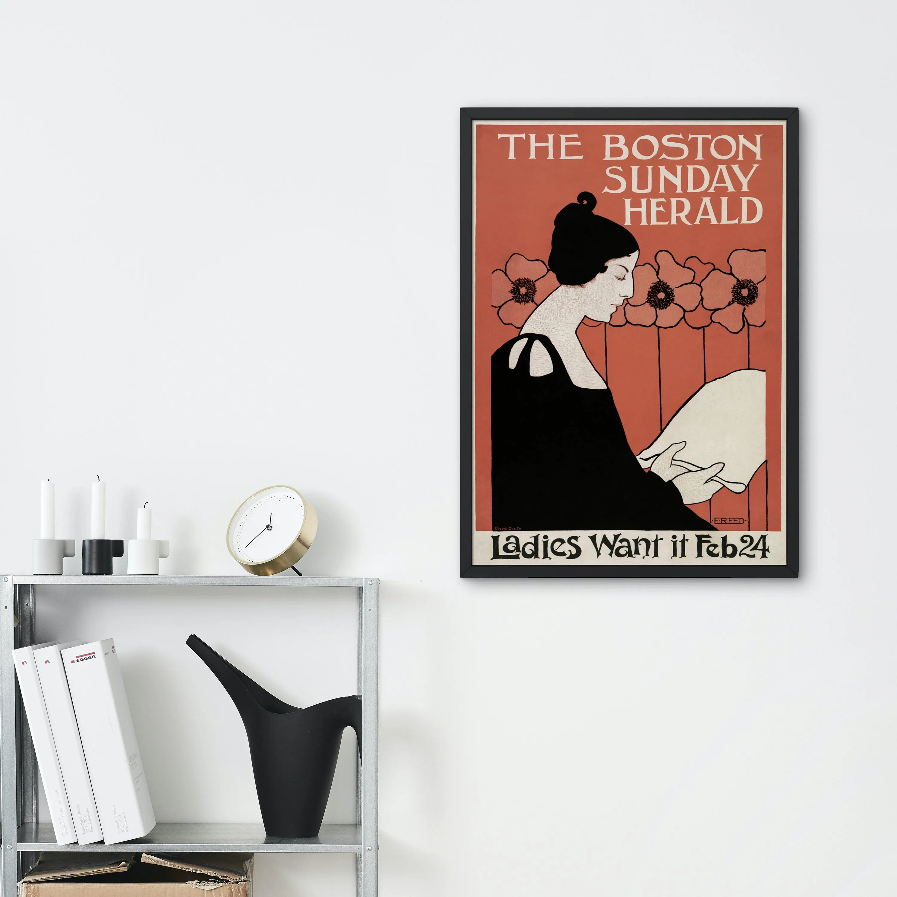 The Boston Sunday Herald Vintage Wall Art INSTANT DOWNLOAD Art Print, Woman Reading A Newspaper In Art Nouveau Style