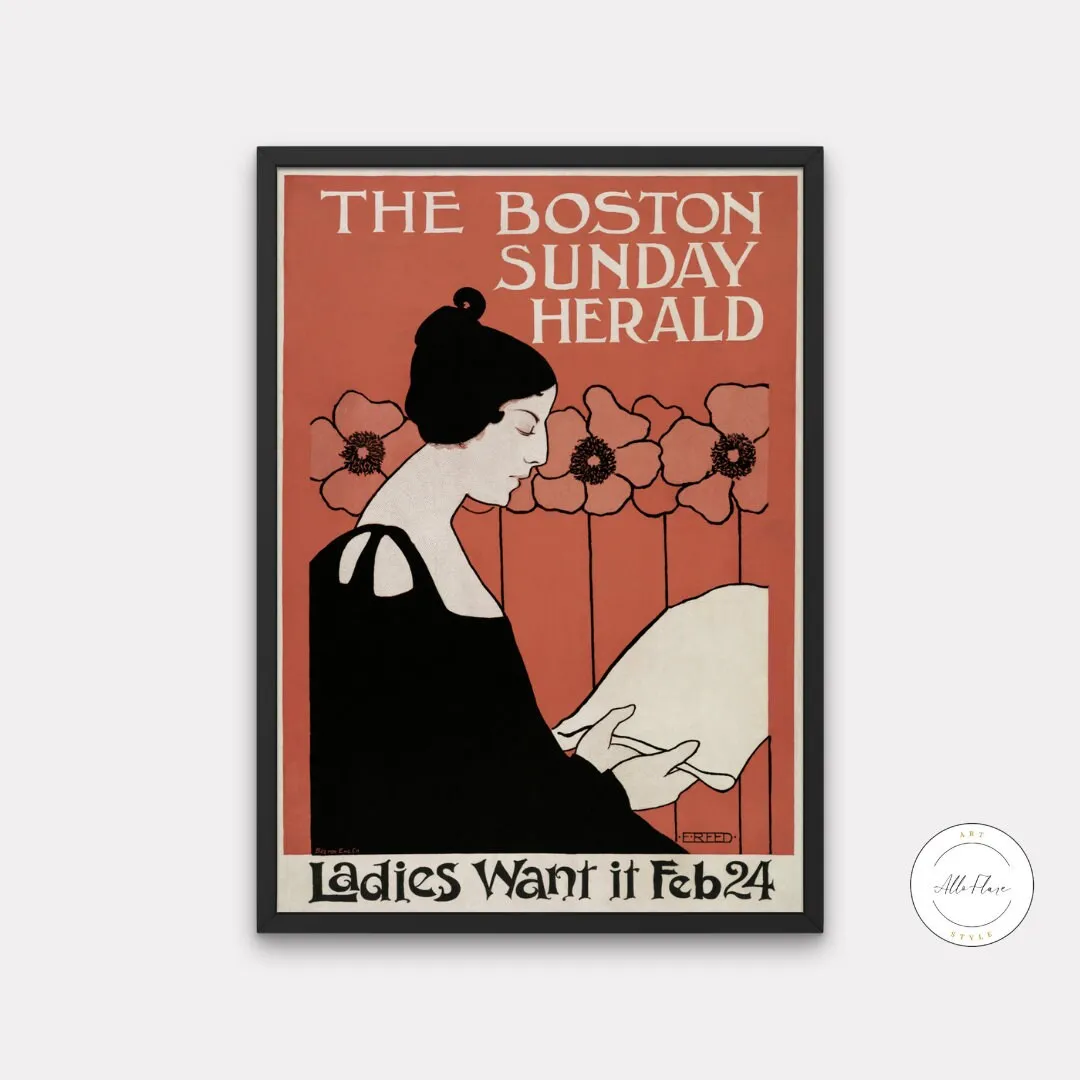 The Boston Sunday Herald Vintage Wall Art INSTANT DOWNLOAD Art Print, Woman Reading A Newspaper In Art Nouveau Style