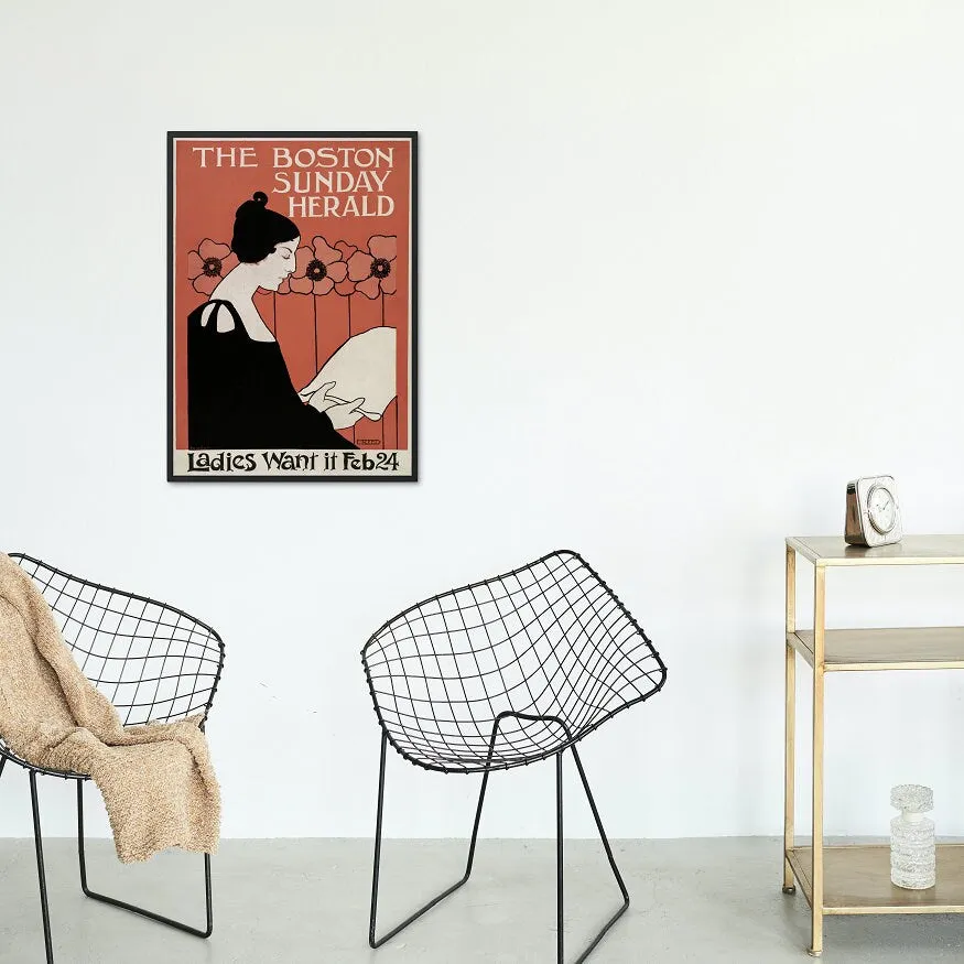 The Boston Sunday Herald Vintage Wall Art INSTANT DOWNLOAD Art Print, Woman Reading A Newspaper In Art Nouveau Style