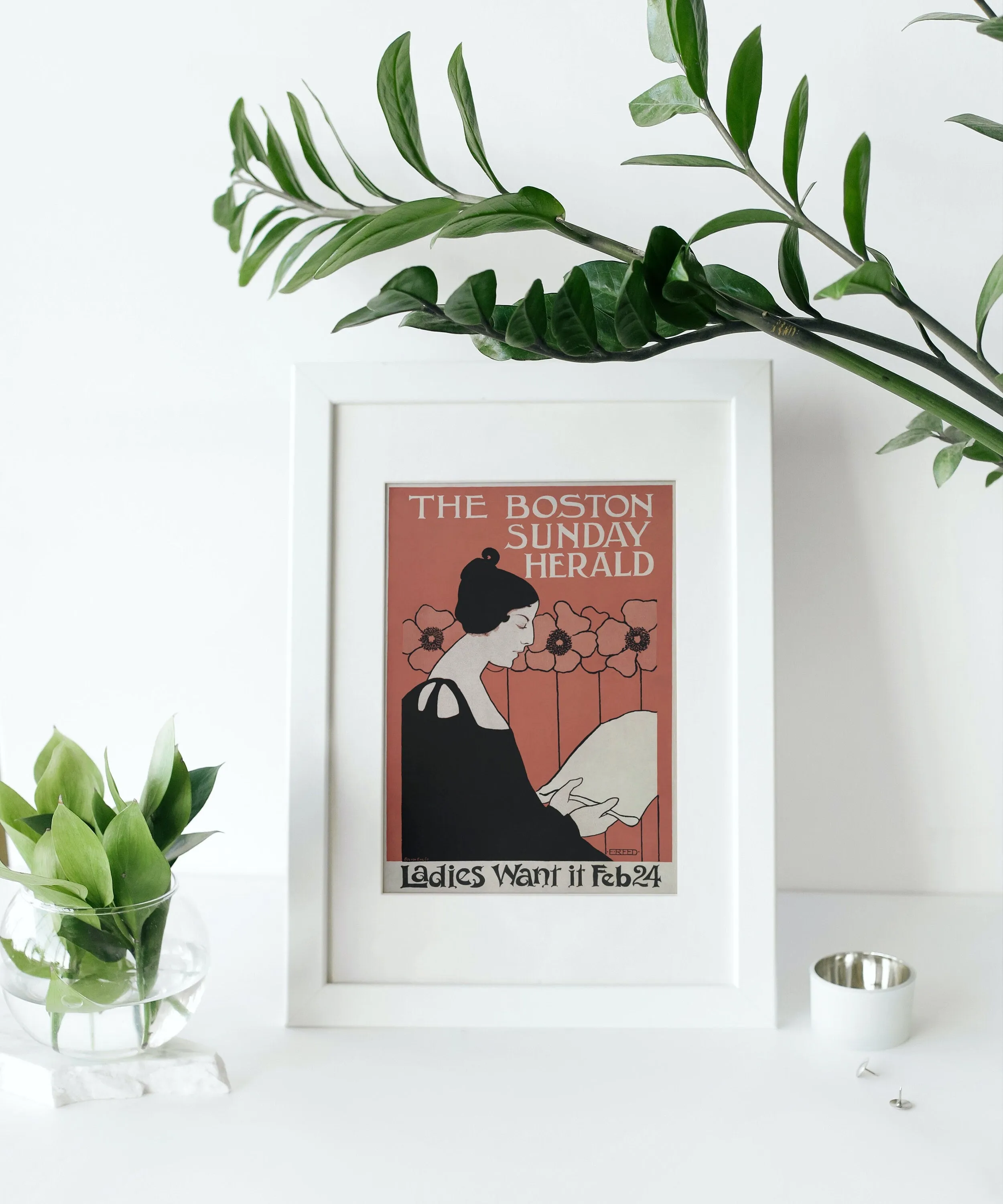 The Boston Sunday Herald Vintage Wall Art INSTANT DOWNLOAD Art Print, Woman Reading A Newspaper In Art Nouveau Style