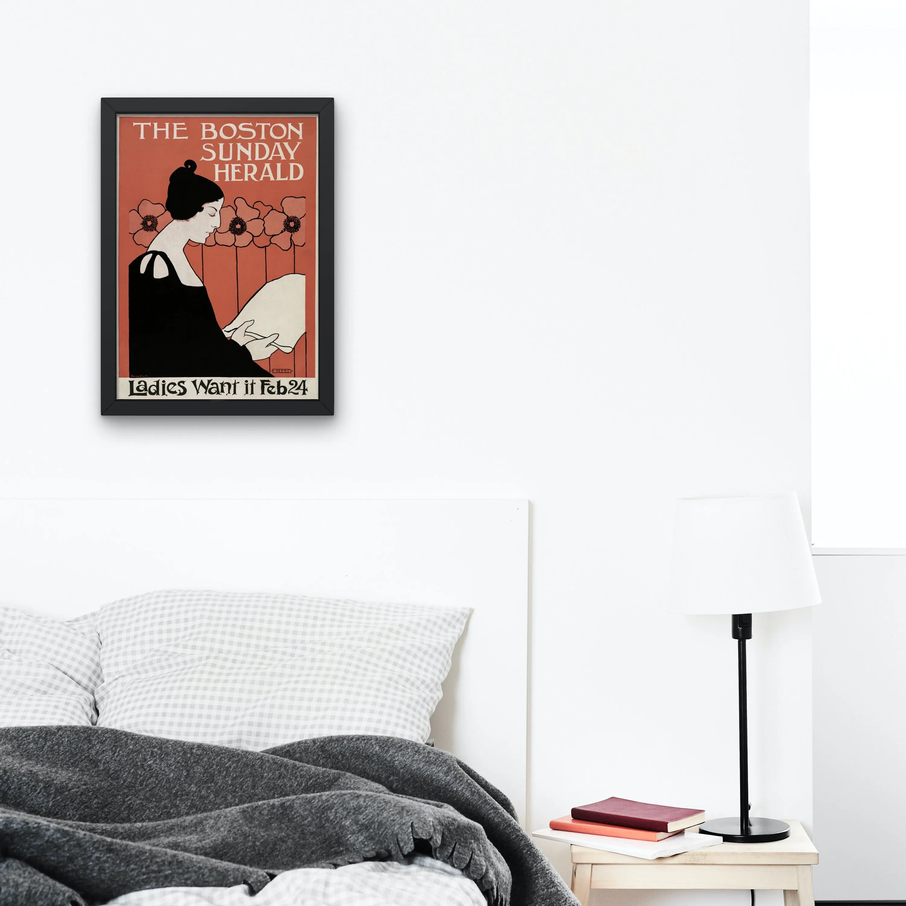 The Boston Sunday Herald Vintage Wall Art INSTANT DOWNLOAD Art Print, Woman Reading A Newspaper In Art Nouveau Style
