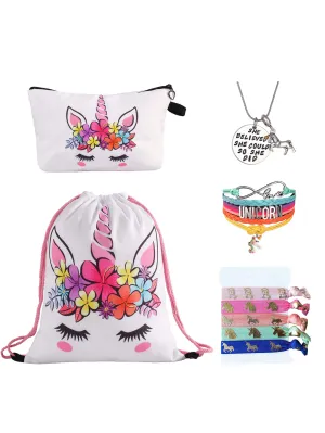 Unicorn Gifts for Girls - Unicorn Drawstring Backpack/Makeup Bag/Bracelet/Inspirational Necklace/Hair Ties (Cartoon Flower)