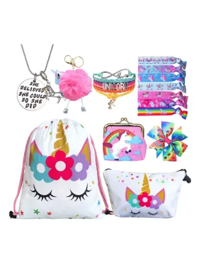 Unicorn Gifts for Girls - Unicorn Drawstring Backpack/Makeup Bag/Bracelet/Necklace/Hair Ties/Keychain/Sticker (White Star 3)