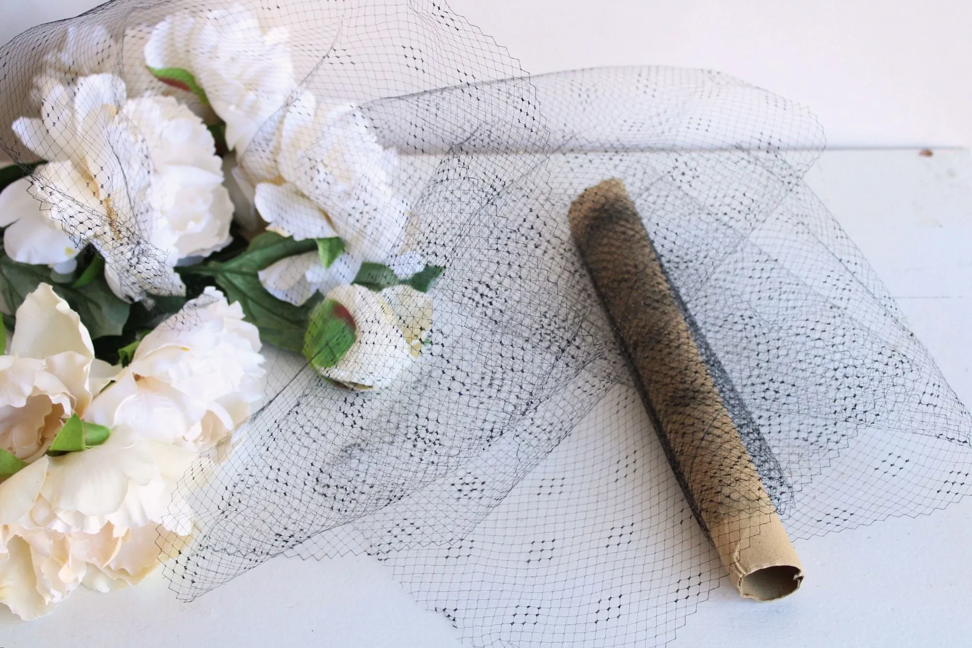 Vintage 1940s 1950s Birdcage Veil 9.5" Wide, 1 Yard Long Piece, Black Hat Trim