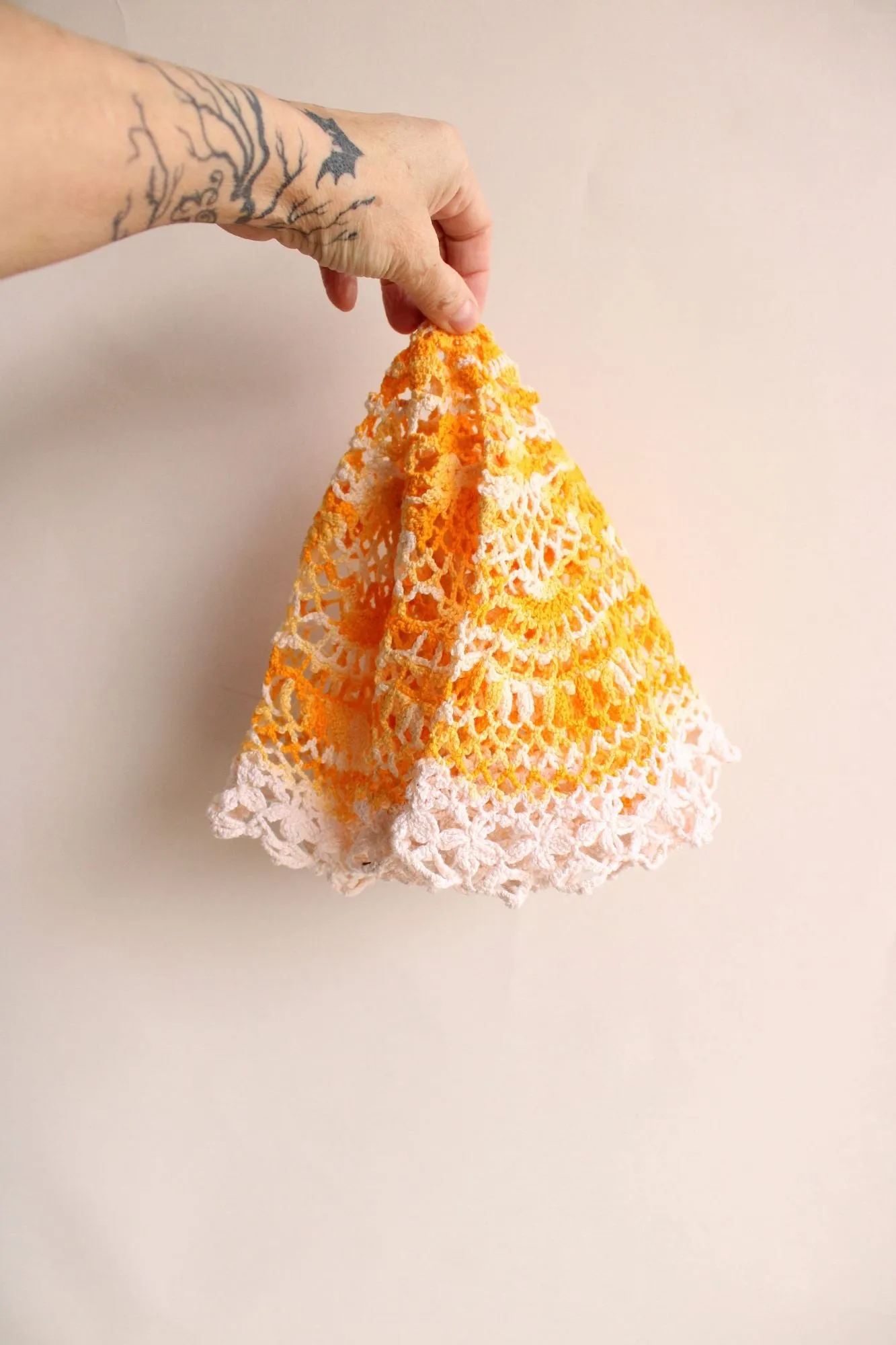 Vintage 1960s Orange Yellow and White Crochet Doily