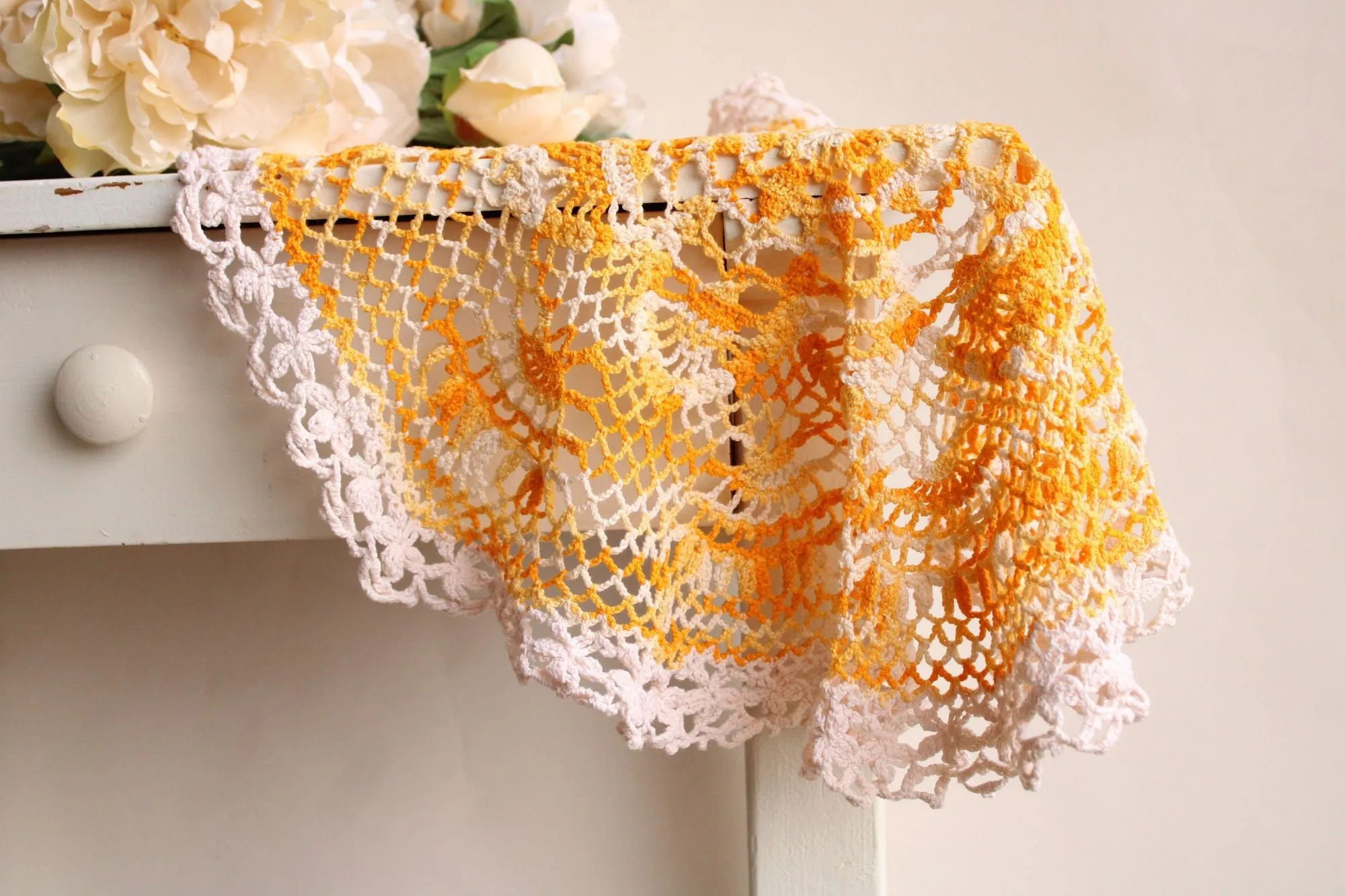 Vintage 1960s Orange Yellow and White Crochet Doily