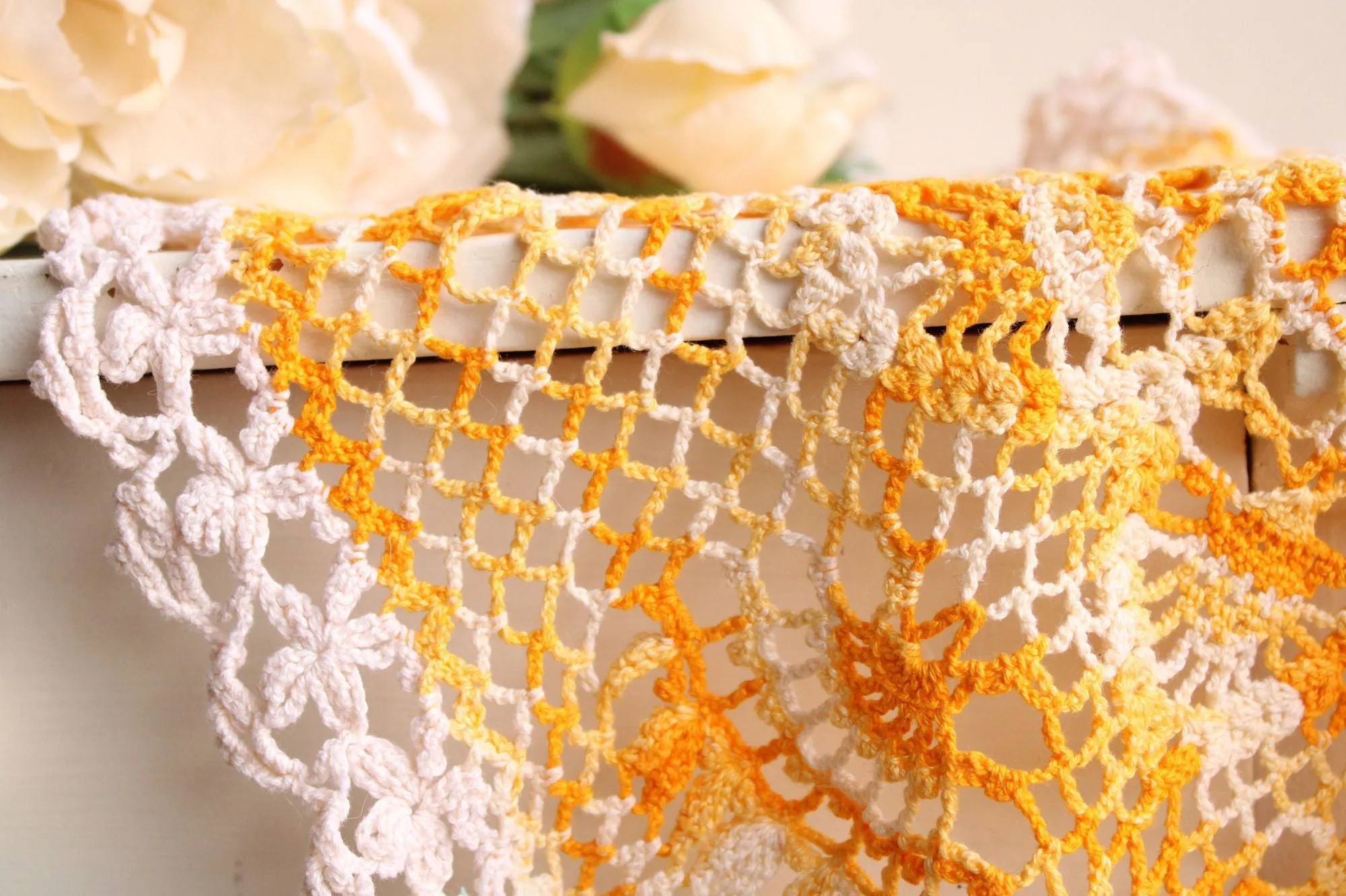Vintage 1960s Orange Yellow and White Crochet Doily