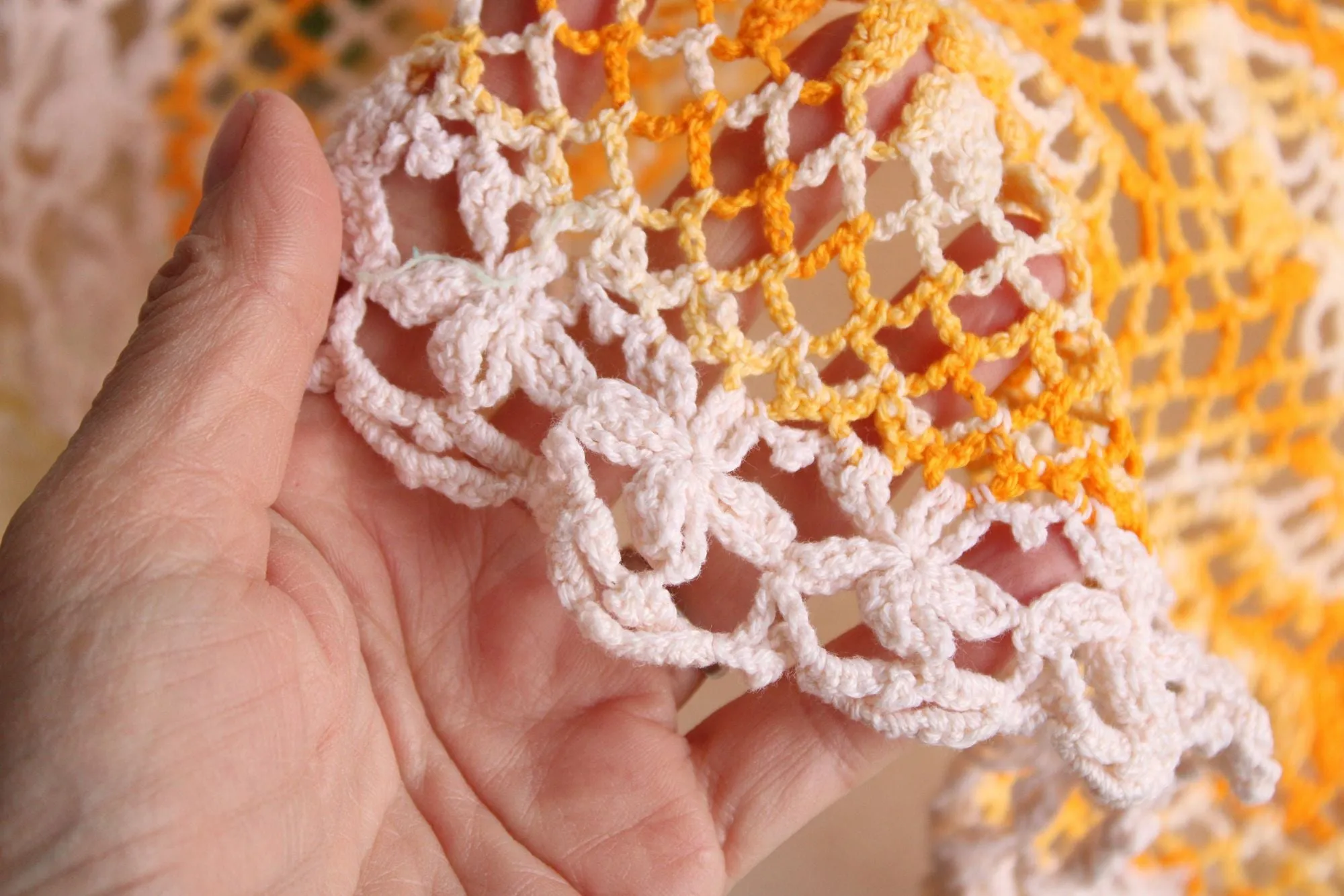 Vintage 1960s Orange Yellow and White Crochet Doily