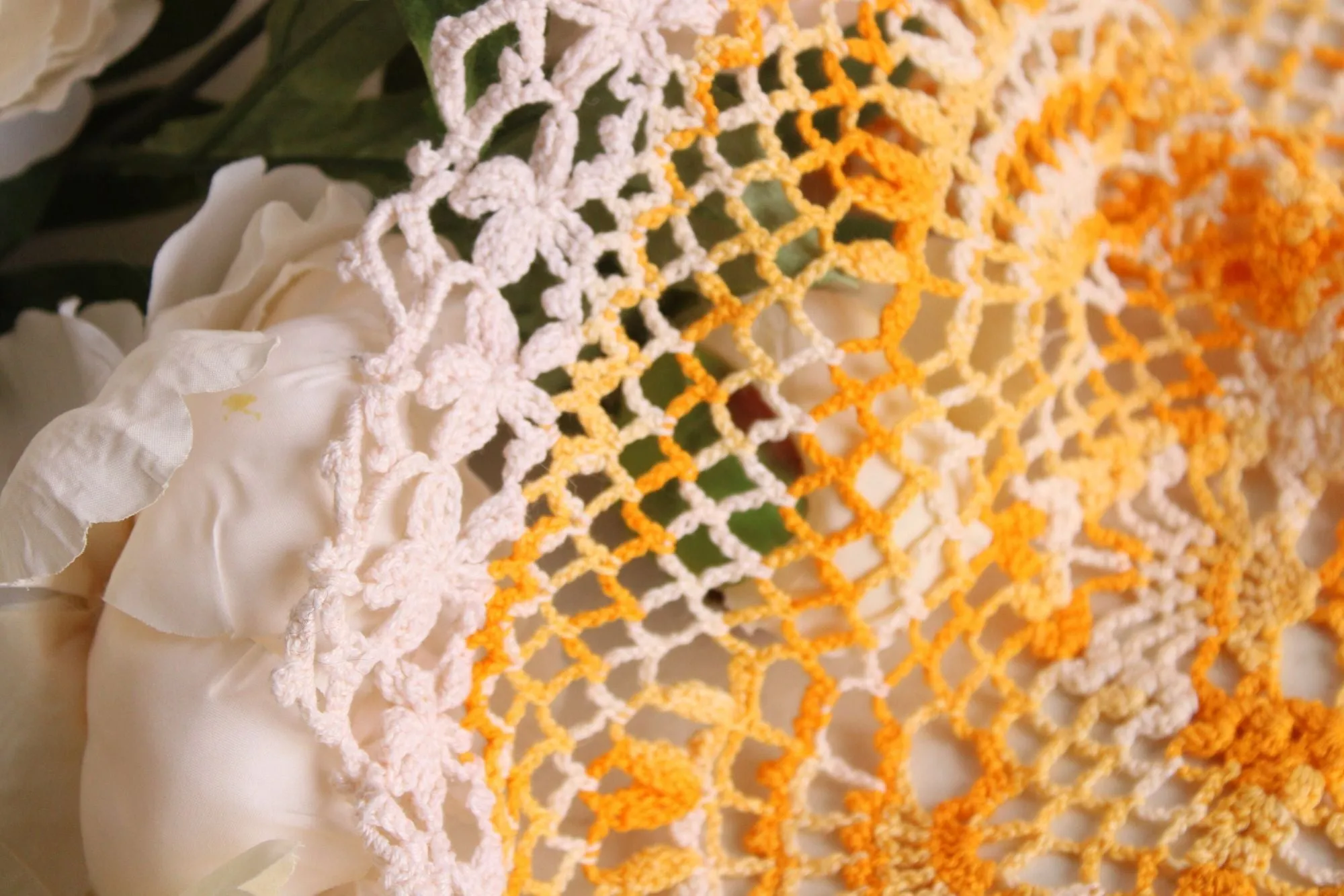 Vintage 1960s Orange Yellow and White Crochet Doily