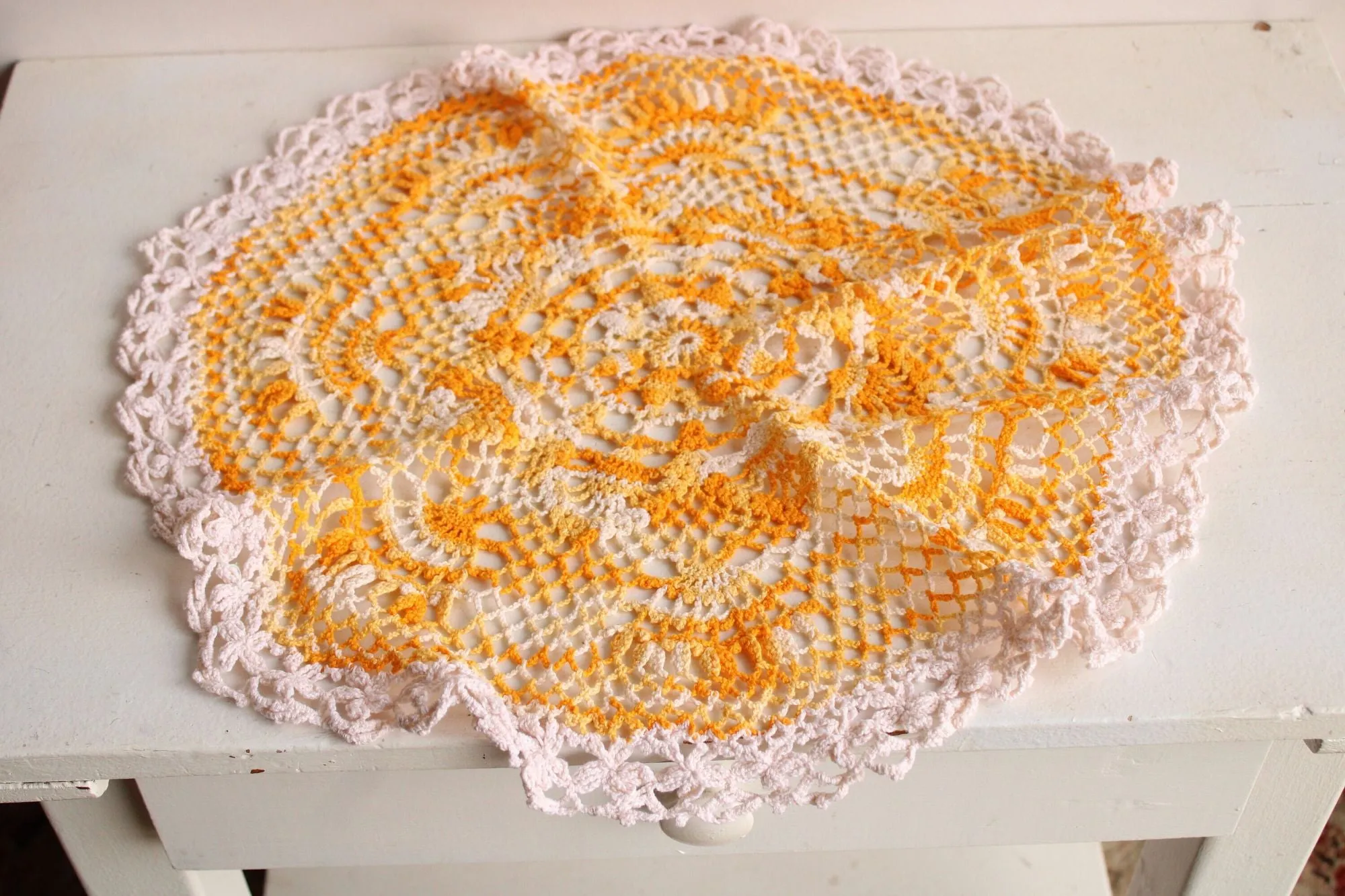 Vintage 1960s Orange Yellow and White Crochet Doily