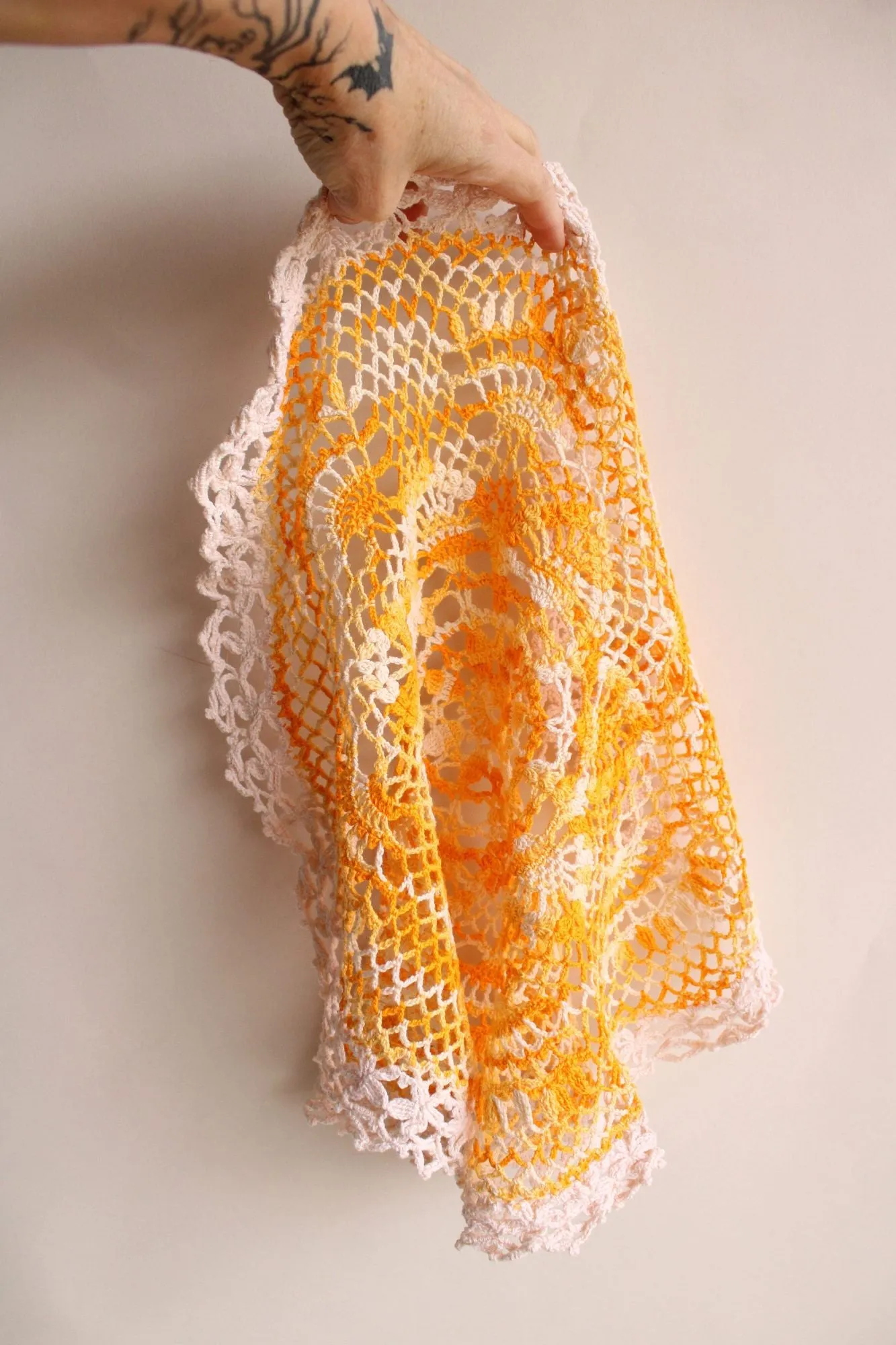 Vintage 1960s Orange Yellow and White Crochet Doily