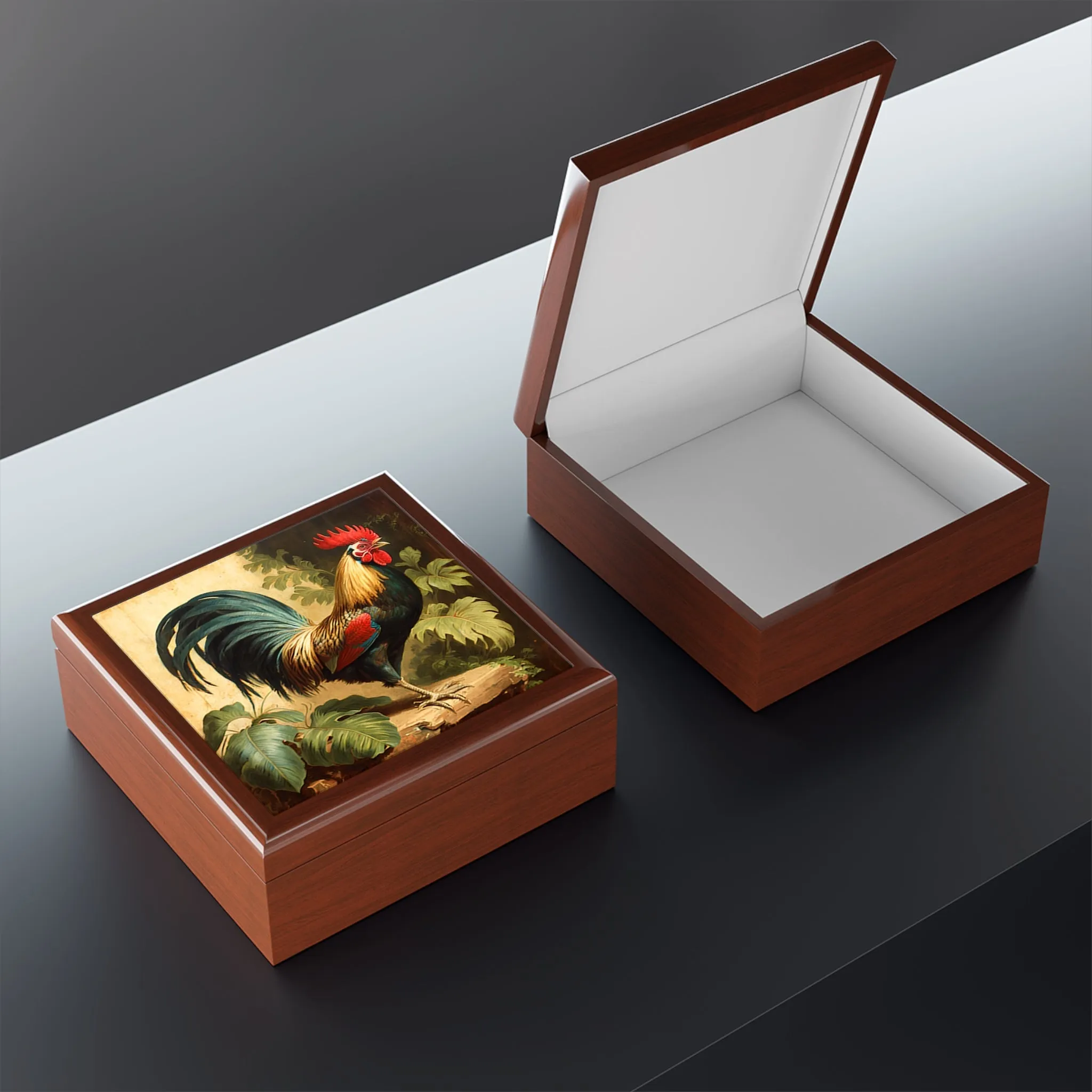 Vintage Antique Rooster Wood Keepsake Jewelry Box with Ceramic Tile Cover