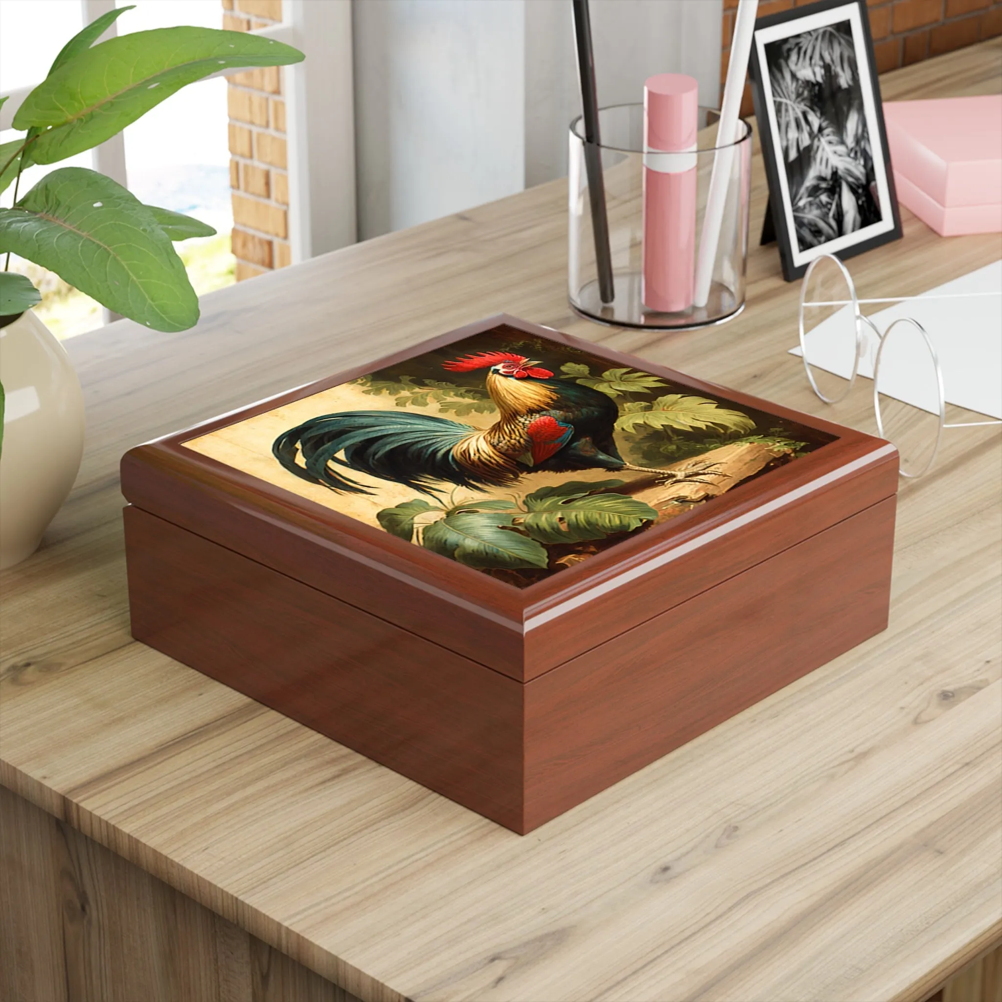 Vintage Antique Rooster Wood Keepsake Jewelry Box with Ceramic Tile Cover