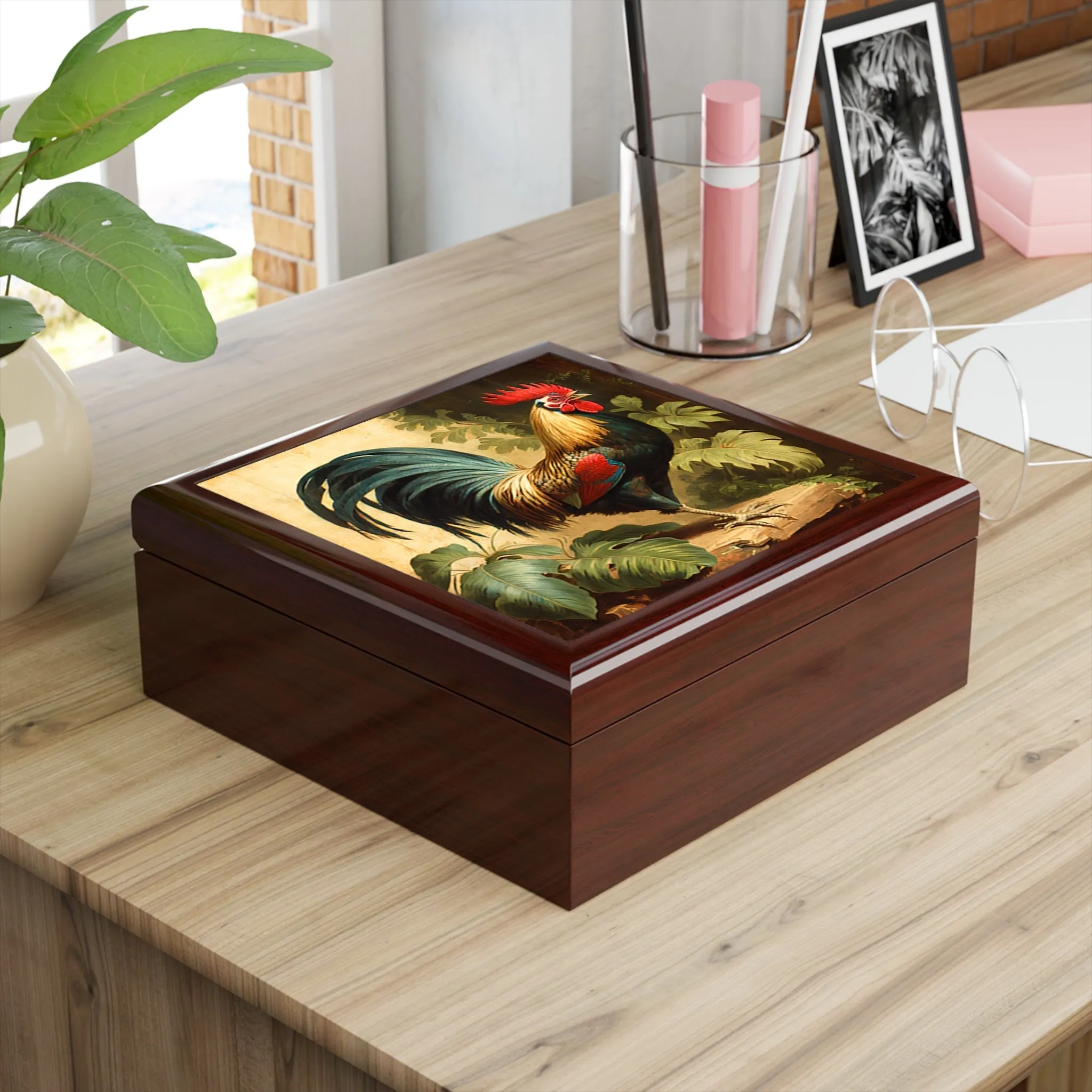 Vintage Antique Rooster Wood Keepsake Jewelry Box with Ceramic Tile Cover