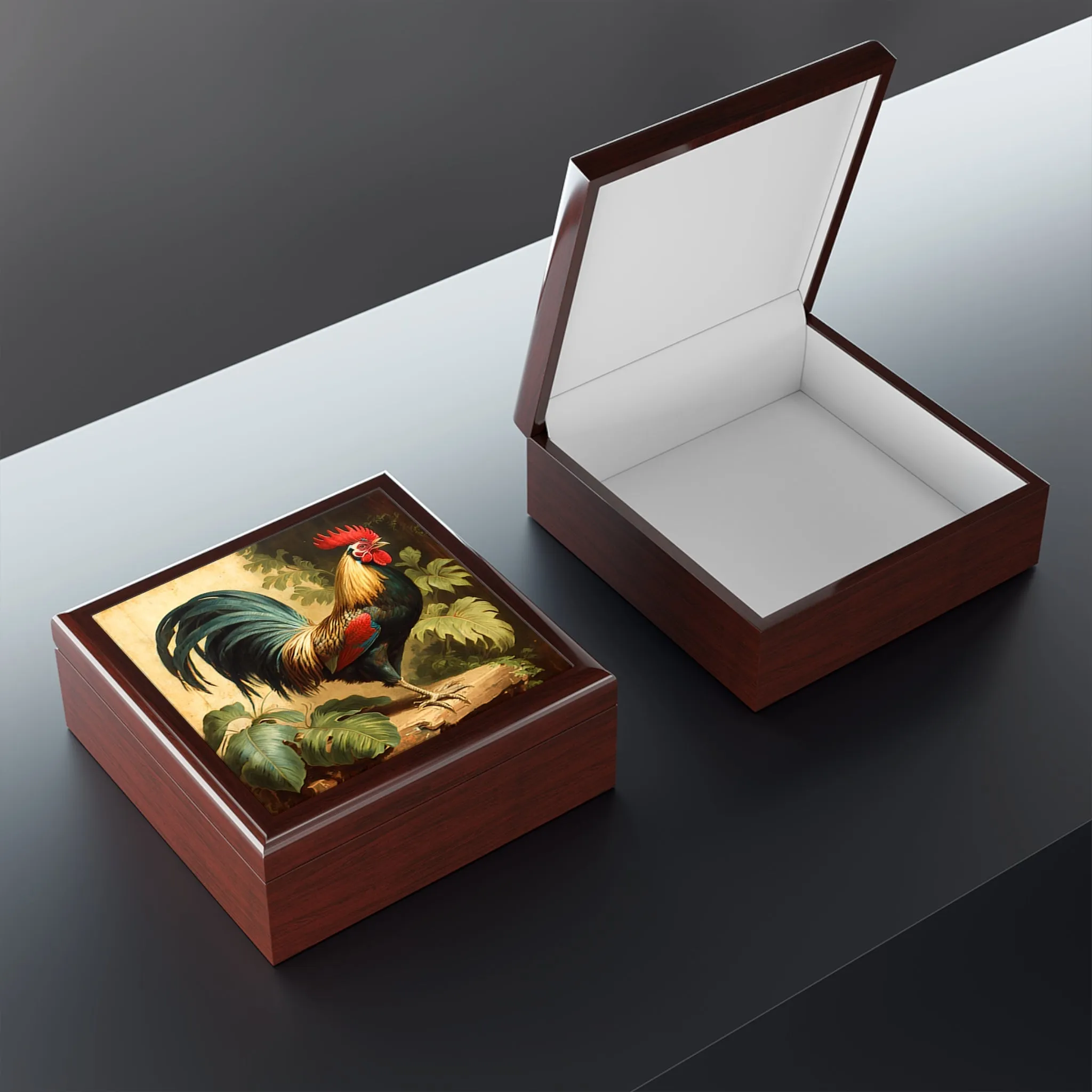 Vintage Antique Rooster Wood Keepsake Jewelry Box with Ceramic Tile Cover