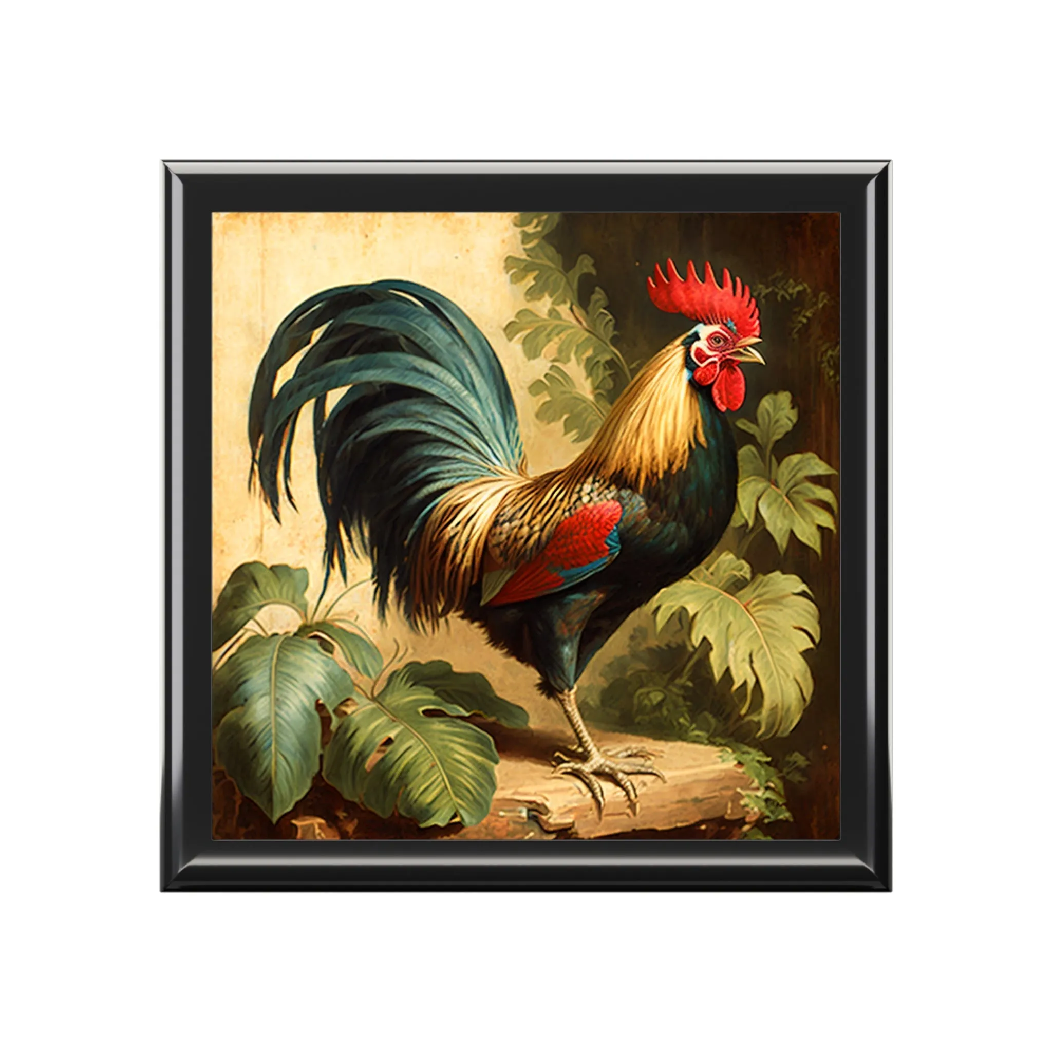 Vintage Antique Rooster Wood Keepsake Jewelry Box with Ceramic Tile Cover