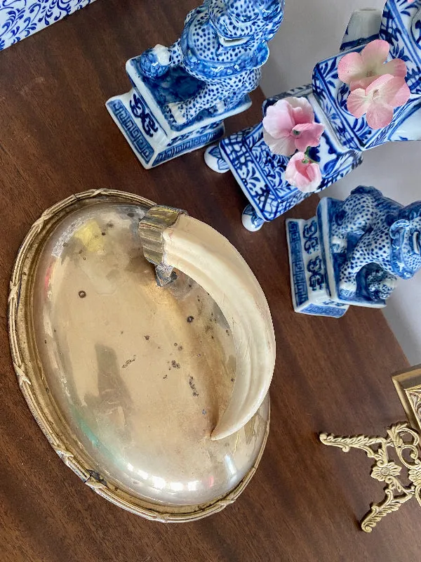 Vintage Brass Lidded Dish with Boar's Tusk Handle