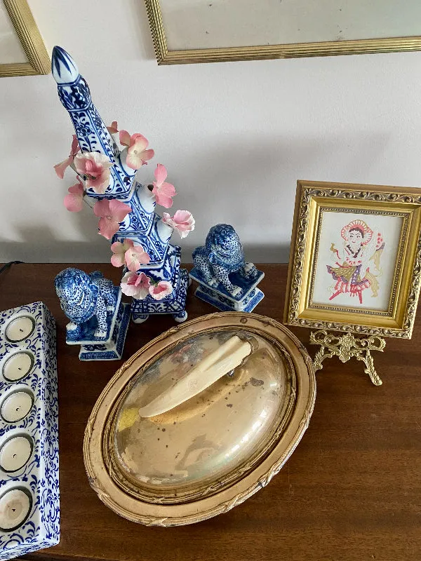 Vintage Brass Lidded Dish with Boar's Tusk Handle