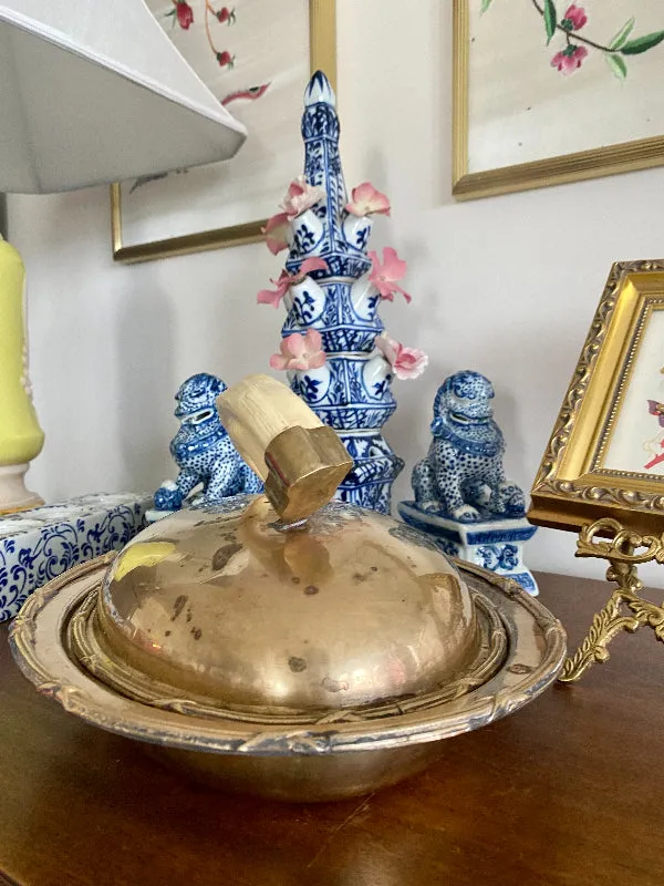 Vintage Brass Lidded Dish with Boar's Tusk Handle