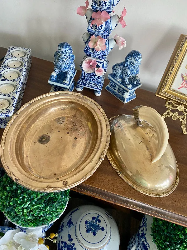 Vintage Brass Lidded Dish with Boar's Tusk Handle