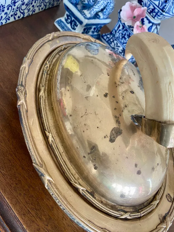 Vintage Brass Lidded Dish with Boar's Tusk Handle