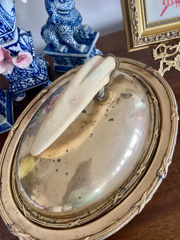 Vintage Brass Lidded Dish with Boar's Tusk Handle