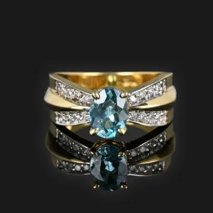 Vintage Diamond Blue Topaz Wide Band Ring in 14K Gold