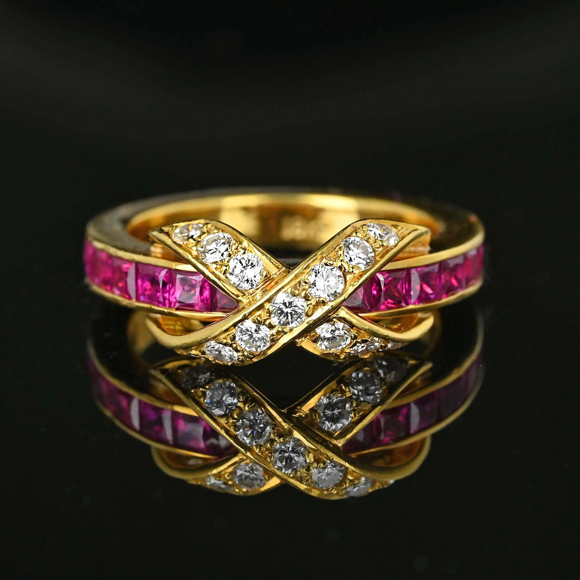 Vintage Diamond X Emerald Cut Ruby Ring Band in 18K Gold