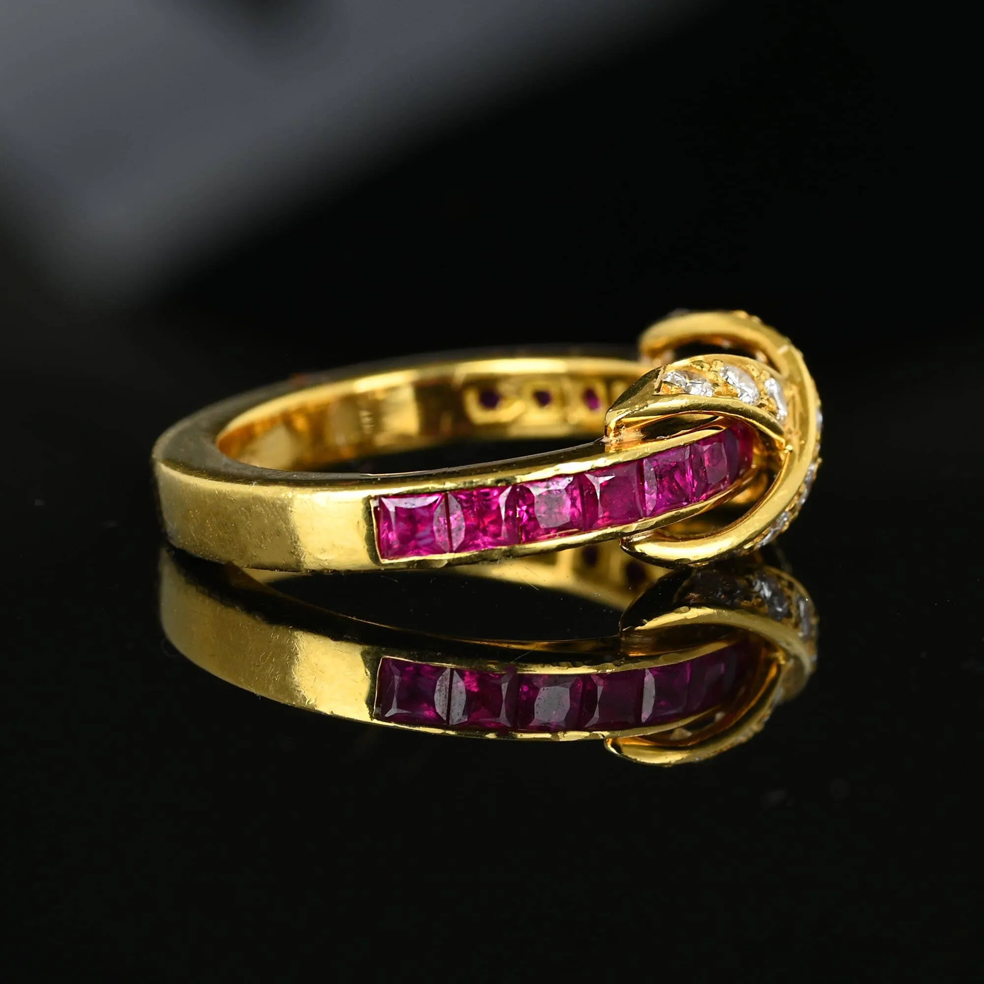 Vintage Diamond X Emerald Cut Ruby Ring Band in 18K Gold