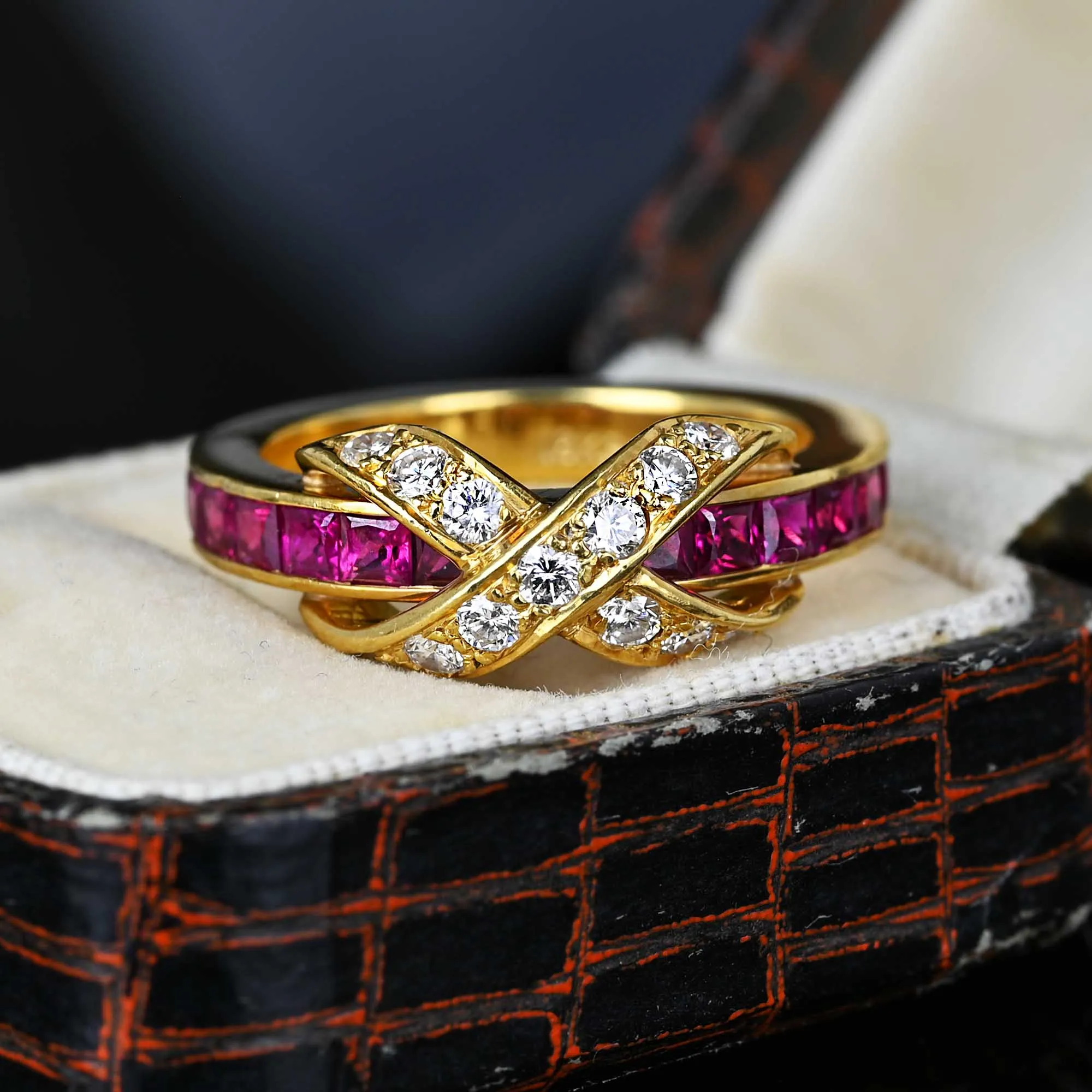 Vintage Diamond X Emerald Cut Ruby Ring Band in 18K Gold
