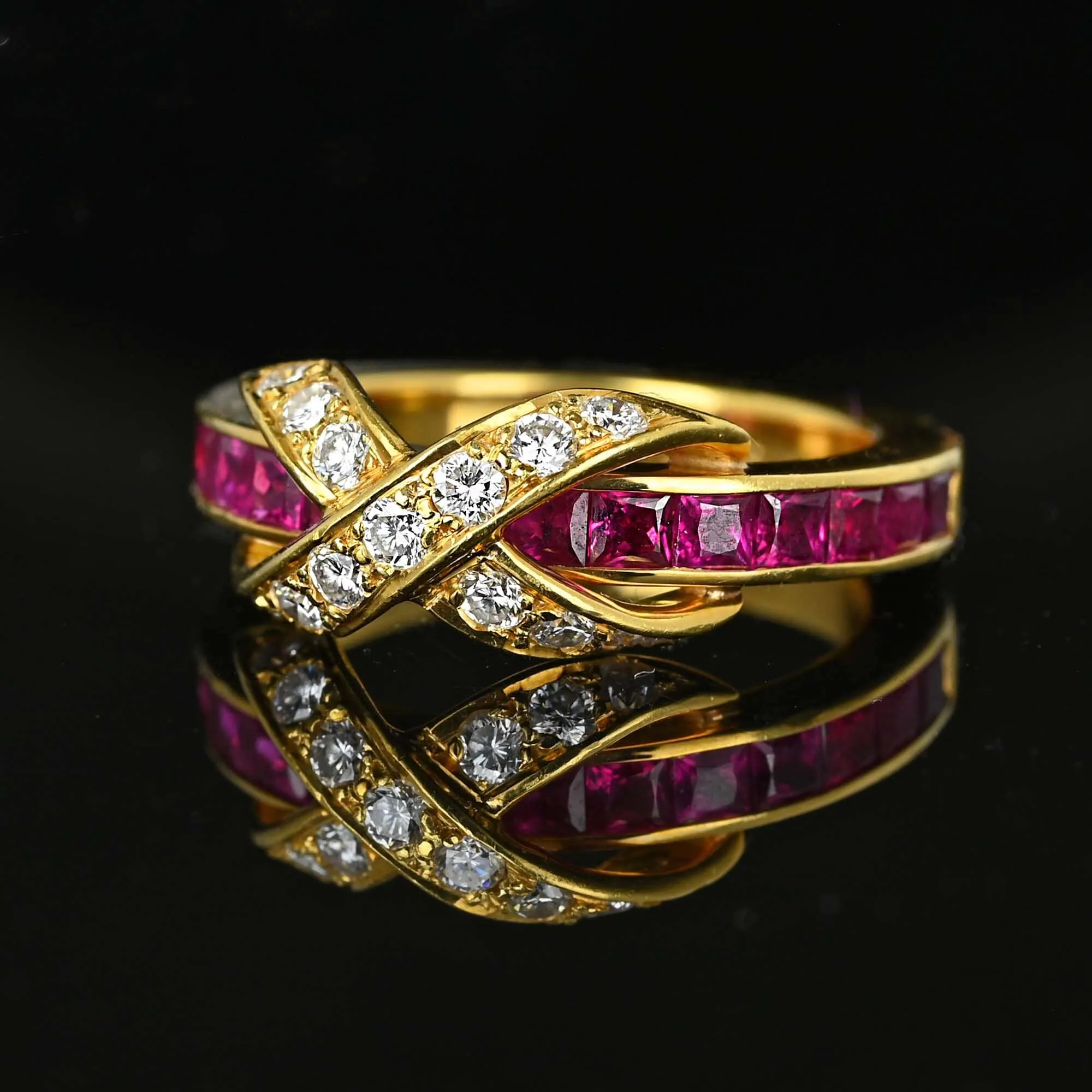 Vintage Diamond X Emerald Cut Ruby Ring Band in 18K Gold