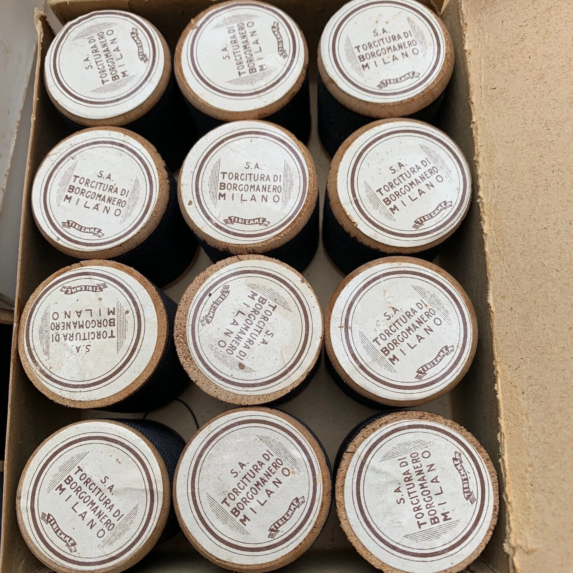 Vintage Italian Box of 12 wooden spools x 100m Black Cotton Thread