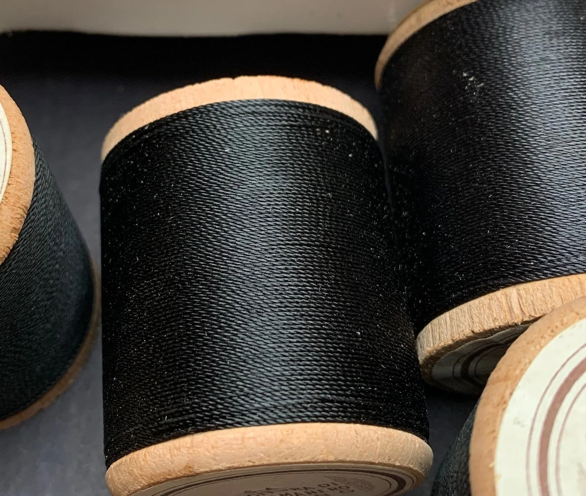 Vintage Italian Box of 12 wooden spools x 100m Black Cotton Thread