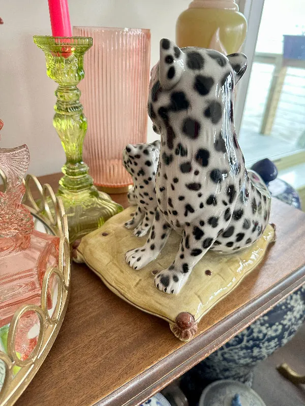 Vintage Leopard Statue, Figurine, Snow Leopards on Pillow, Fine Ceramic, Porcelain, Made in Italy