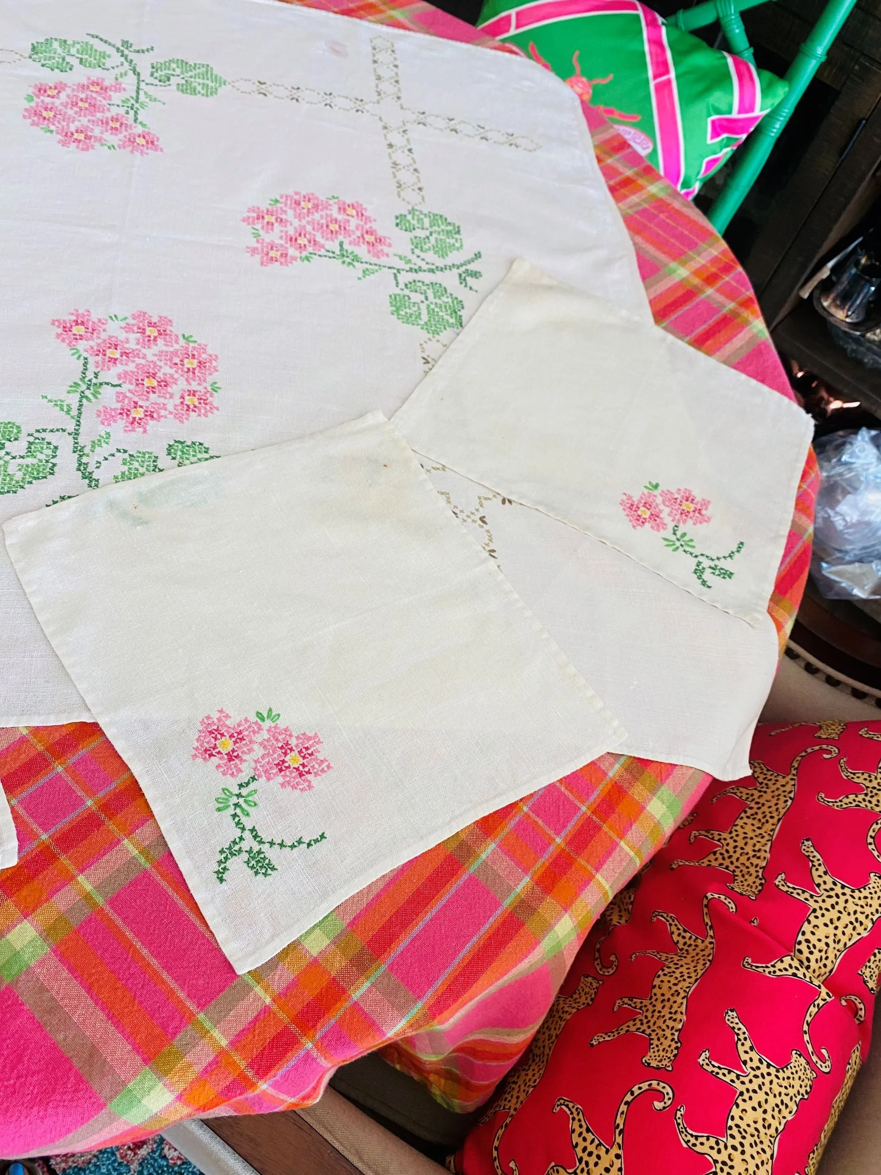Vintage Linens -  Cross Stitch Tablecloth and four of Napkins